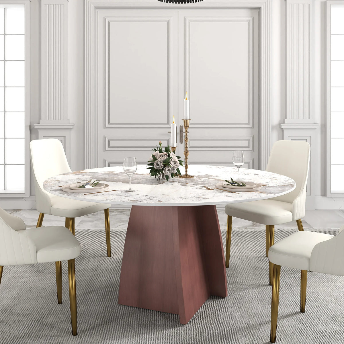 Mesa de comedor Marbella de piedra sinterizada | Redonda Pandora de 150 cm con base metálica