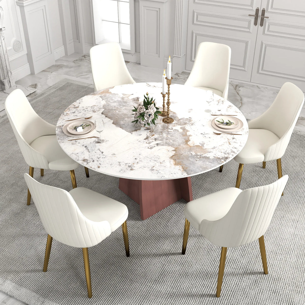 Mesa de comedor Marbella de piedra sinterizada | Redonda Pandora de 150 cm con base metálica