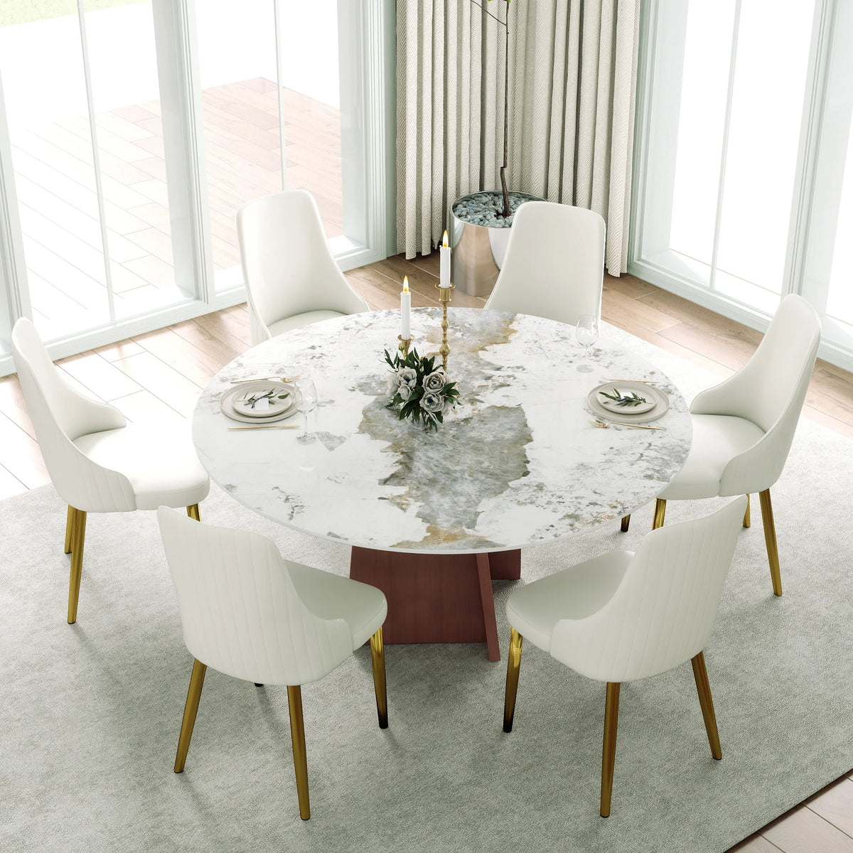 Mesa de comedor Marbella de piedra sinterizada | Redonda Pandora de 150 cm con base metálica