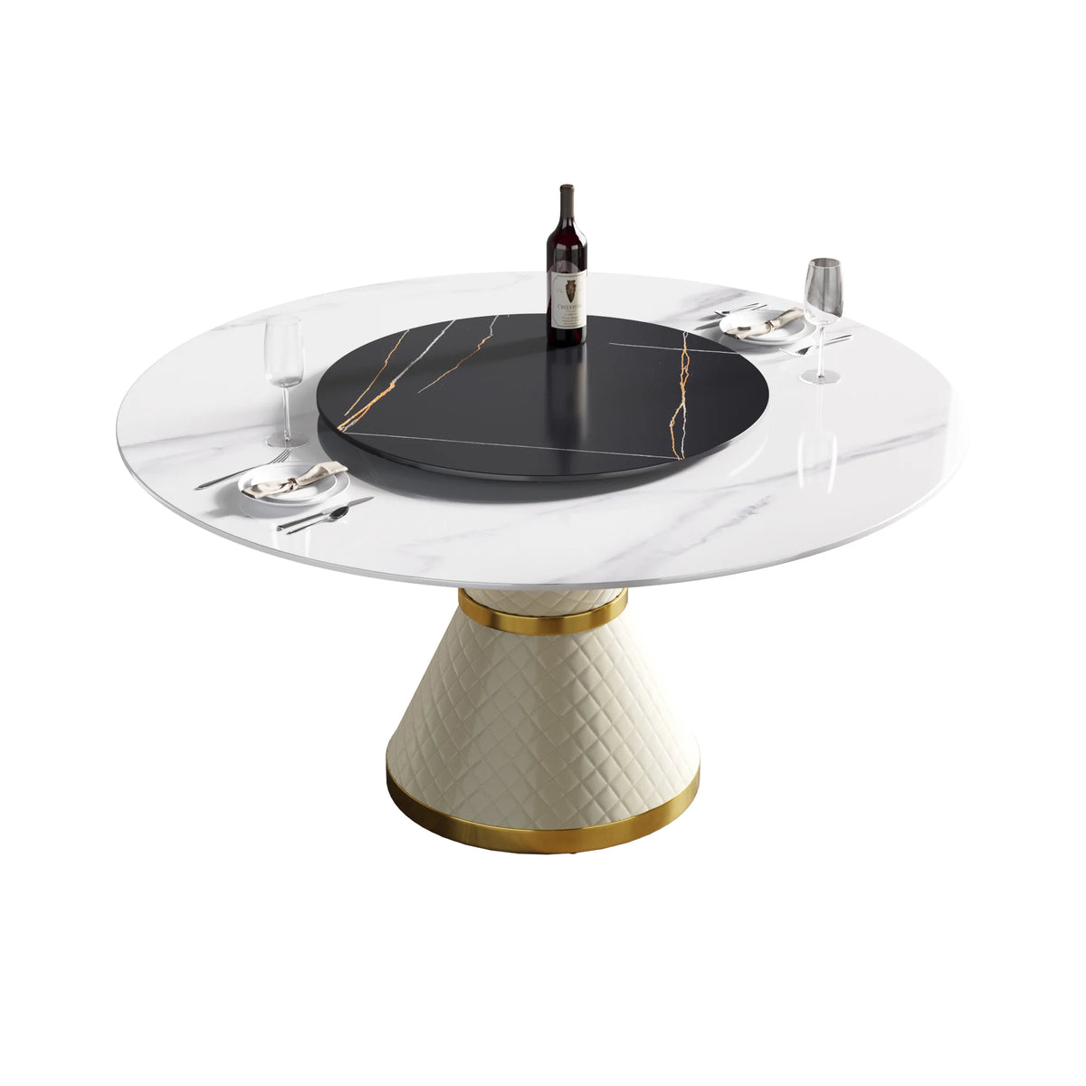 Marbella Sintered Stone Dining Table | 59" White Gloss Round With Lazy Susan Turntable
