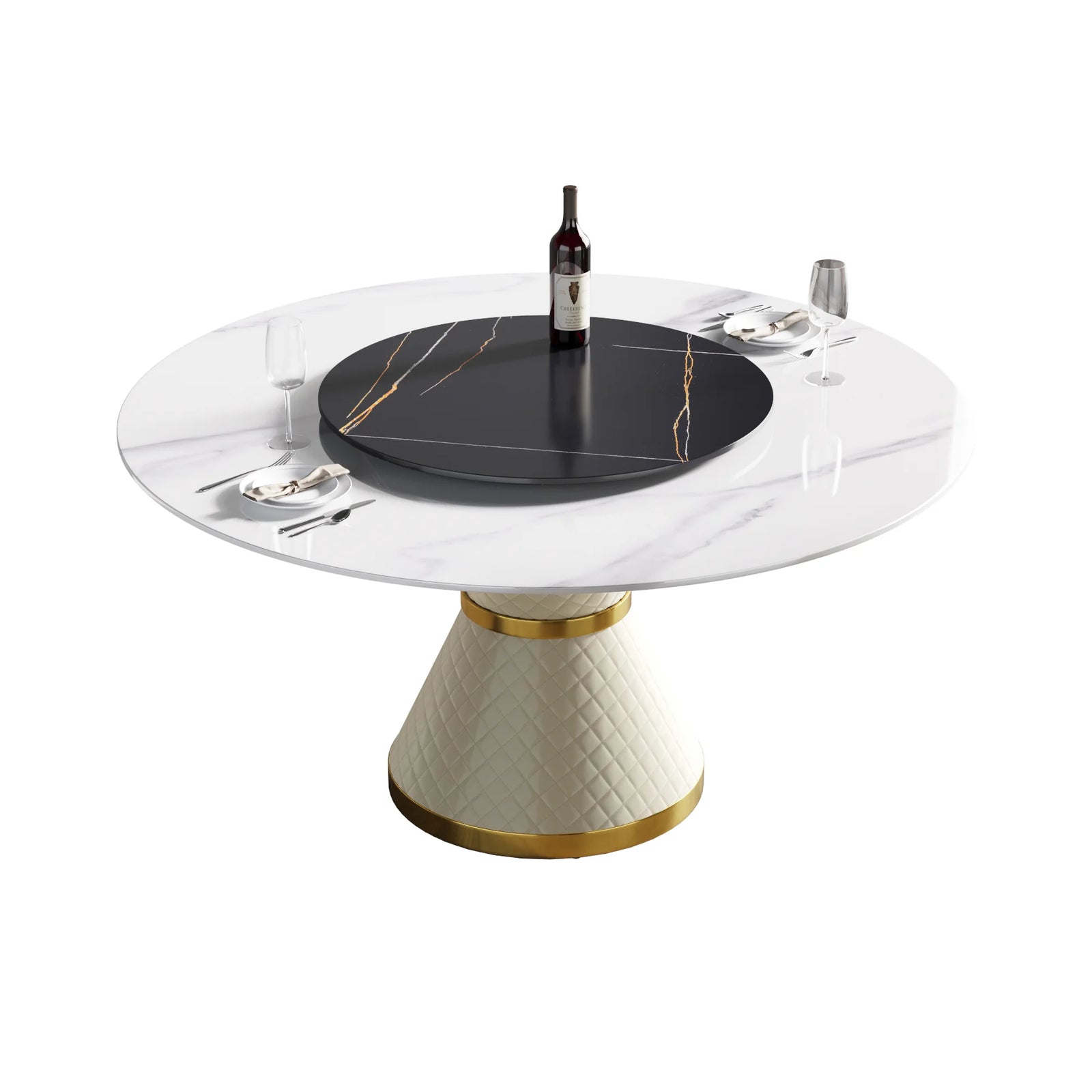 Mesa de comedor Marbella de piedra sinterizada | Redonda de 150 cm (59") en blanco brillante con plato giratorio Lazy Susan