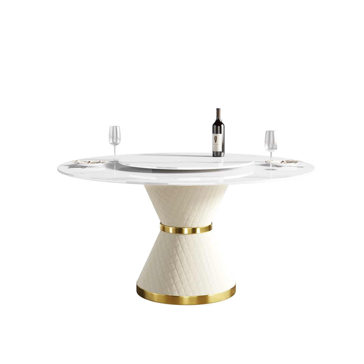 Mesa de comedor Marbella de piedra sinterizada | Redonda de 150 cm (59") en blanco brillante con plato giratorio Lazy Susan