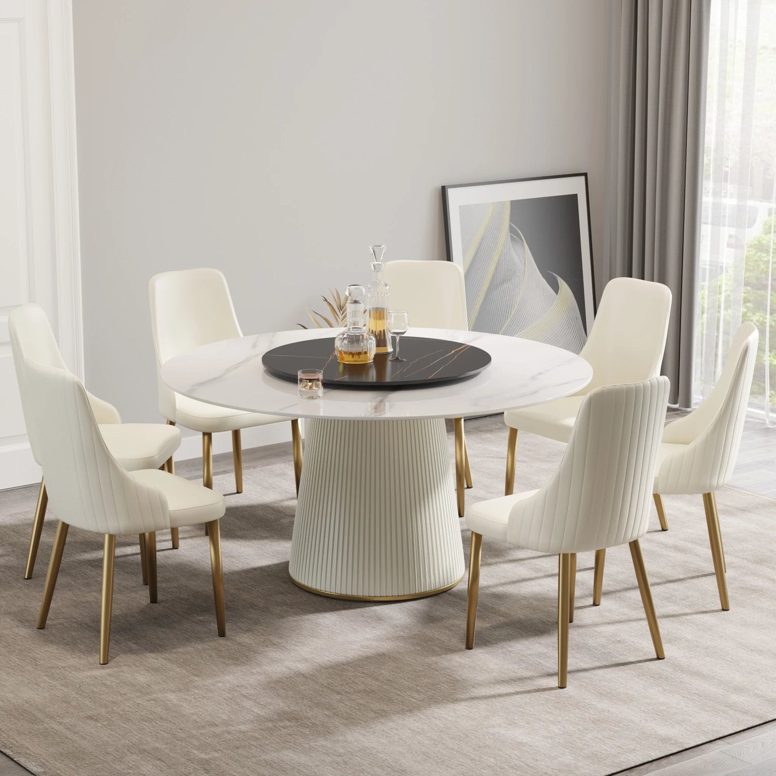 Marbella Sintered Stone Dining Table | 59" White Gloss Round With Lazy Susan Turntable