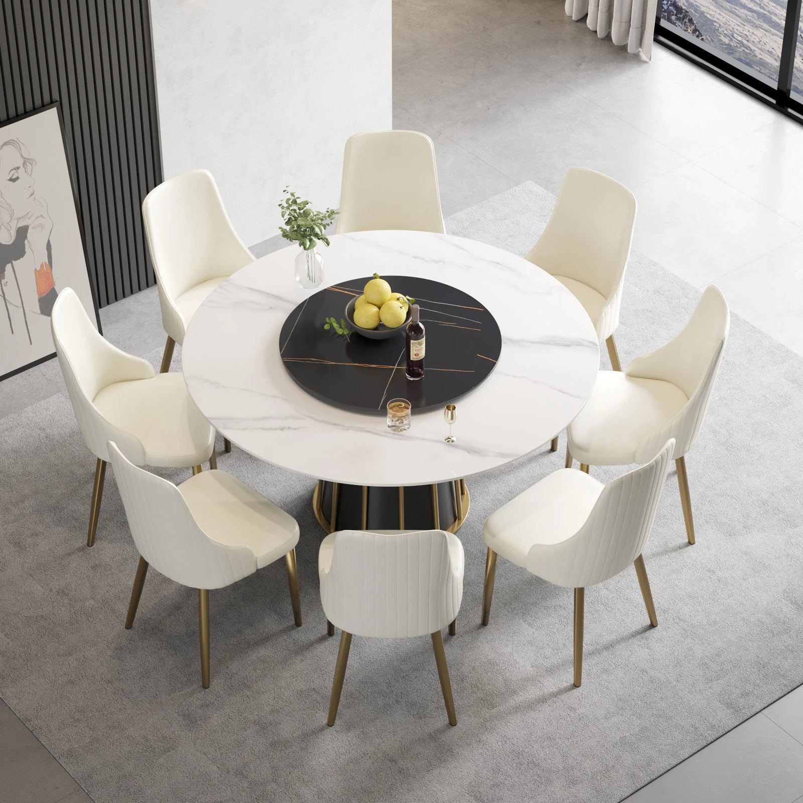 Mesa de comedor Marbella de piedra sinterizada | Redonda de 150 cm (59") en blanco brillante con plato giratorio Lazy Susan