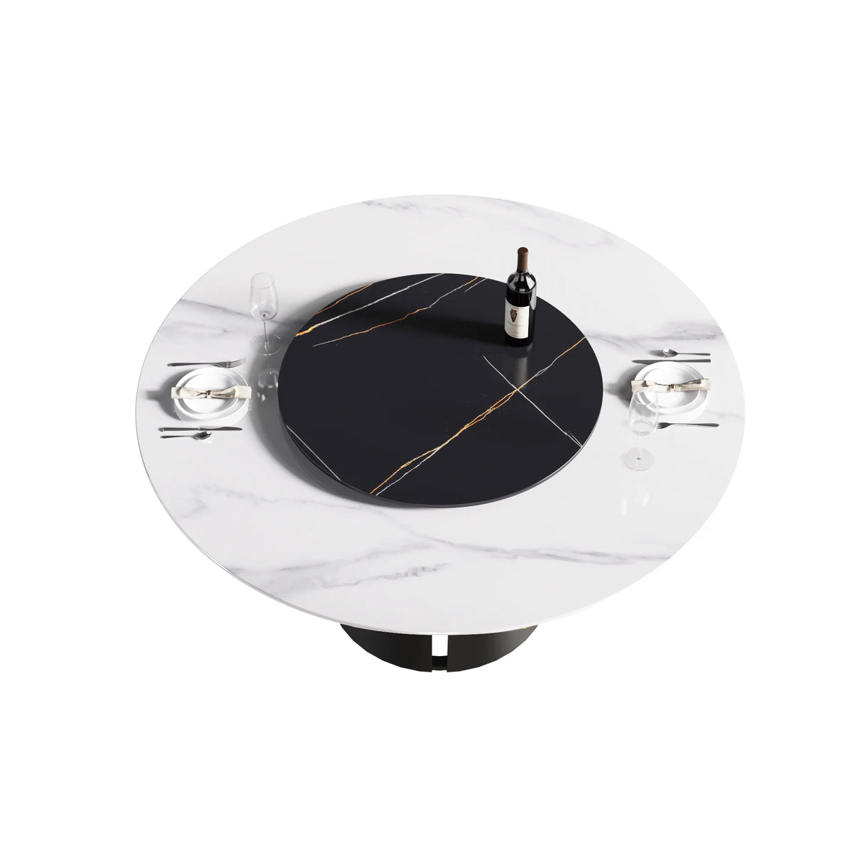 Marbella Sintered Stone Dining Table | 59" White Gloss Round With Lazy Susan Turntable