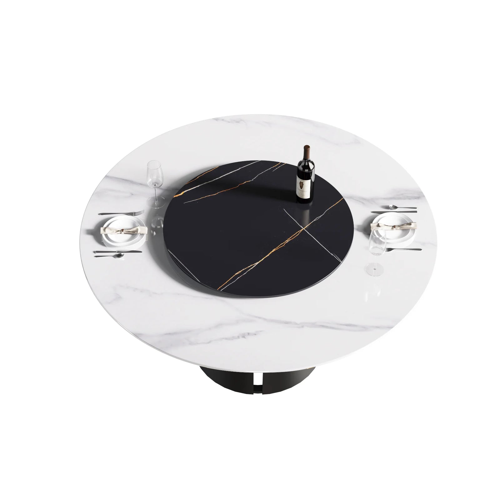 Mesa de comedor Marbella de piedra sinterizada | Redonda de 150 cm (59") en blanco brillante con plato giratorio Lazy Susan