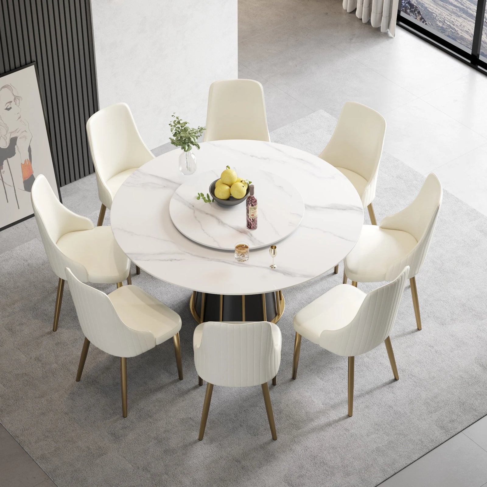 Marbella Sintered Stone Dining Table | 59" White Gloss Round With Lazy Susan Turntable
