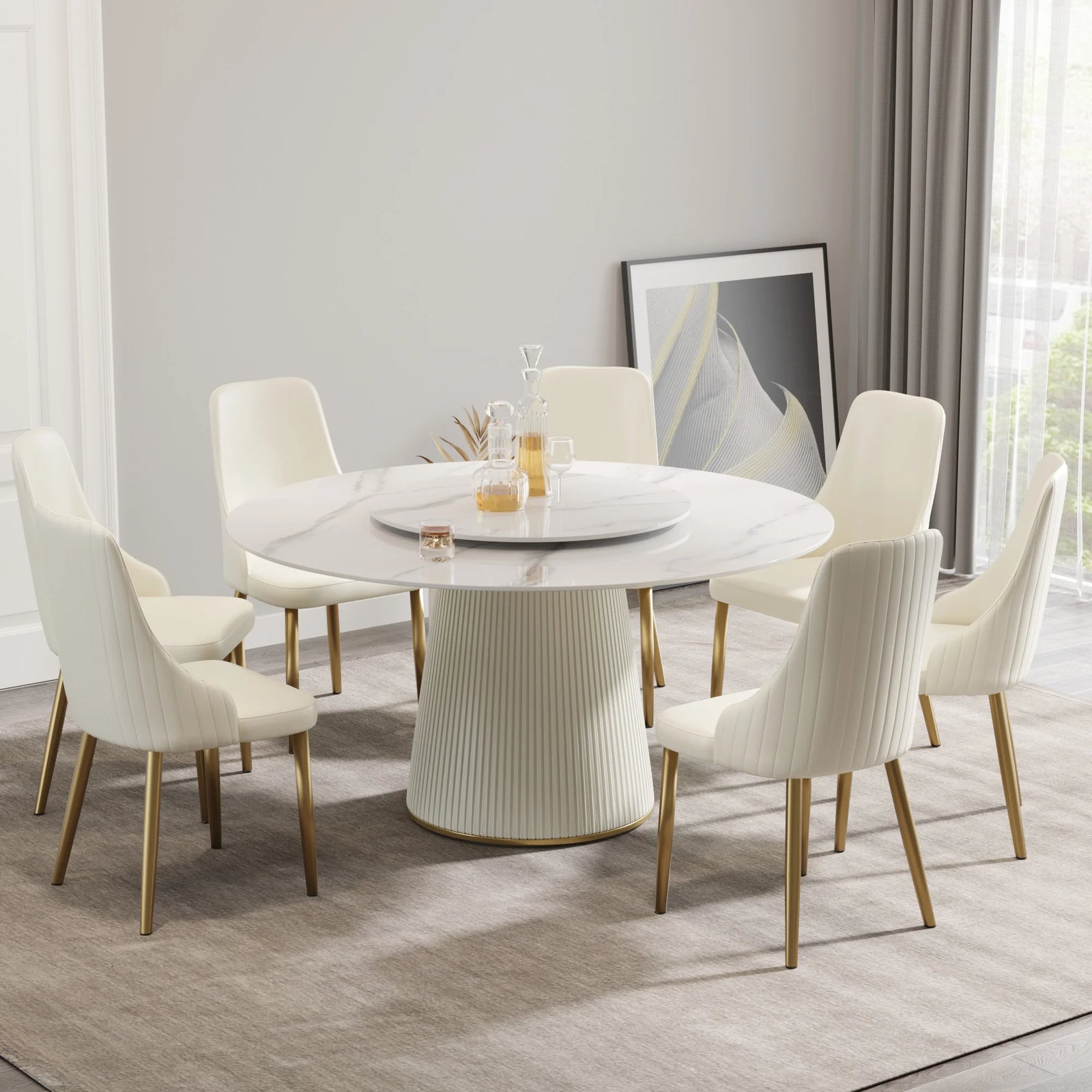 Marbella Sintered Stone Dining Table | 59" White Gloss Round With Lazy Susan Turntable