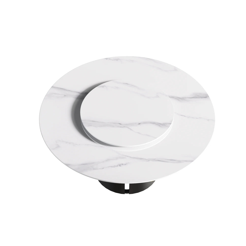 Marbella Sintered Stone Dining Table | 59" White Gloss Round With Lazy Susan Turntable
