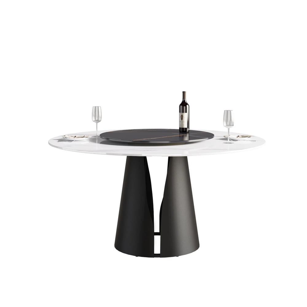 Marbella Sintered Stone Dining Table | 59" White Gloss Round With Lazy Susan Turntable