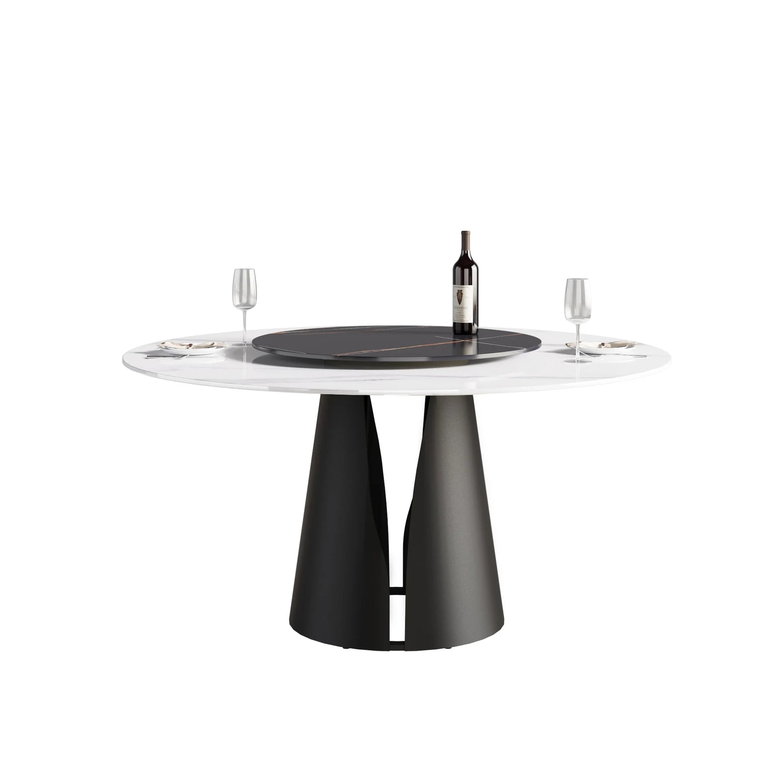 Mesa de comedor Marbella de piedra sinterizada | Redonda de 150 cm (59") en blanco brillante con plato giratorio Lazy Susan