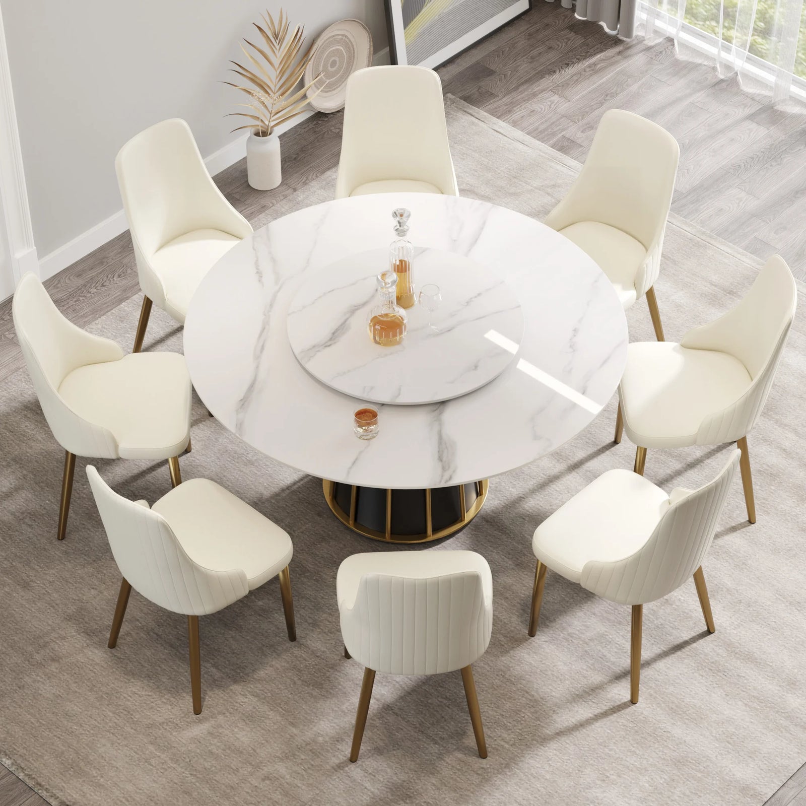 Marbella Sintered Stone Dining Table | 59" White Gloss Round With Lazy Susan Turntable