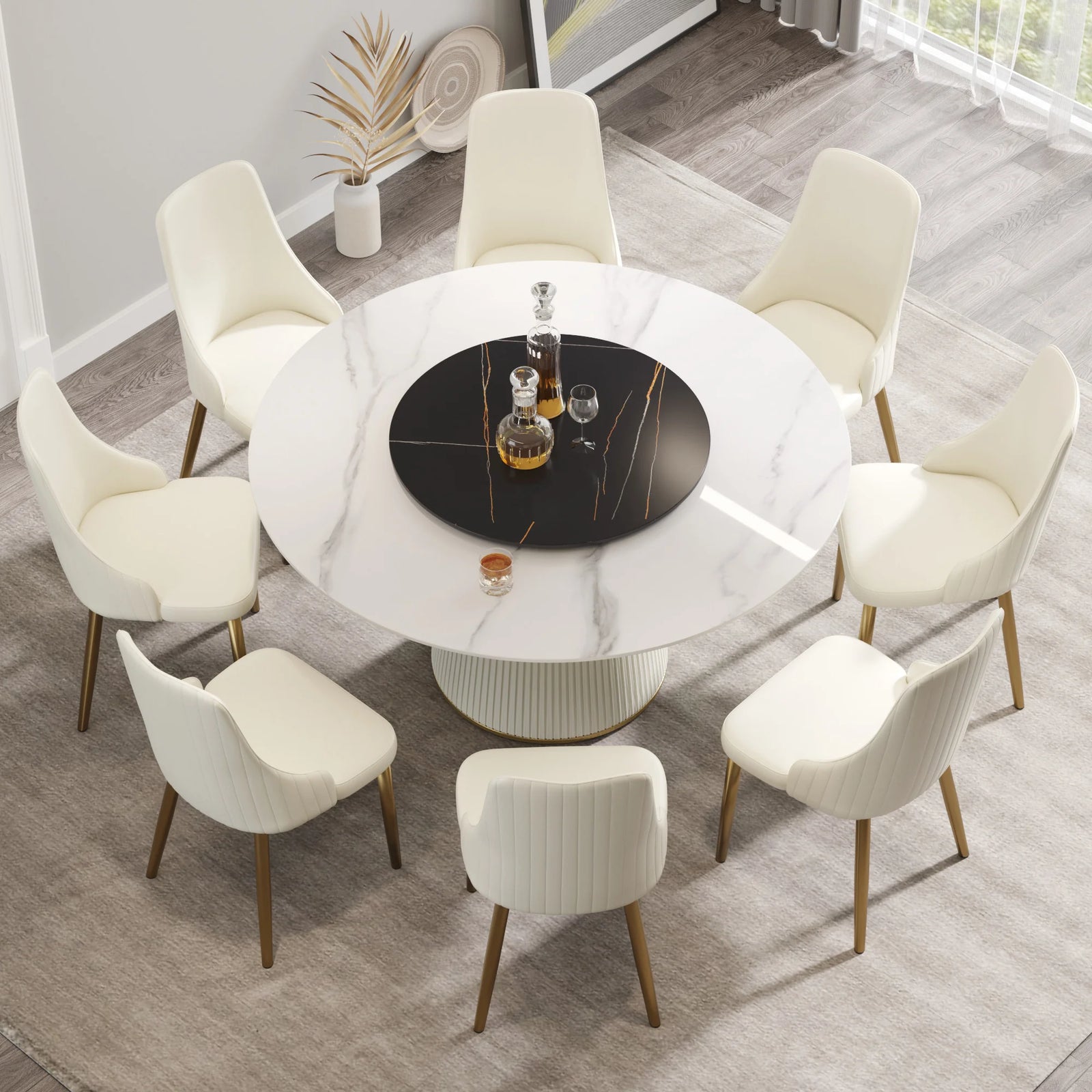 Marbella Sintered Stone Dining Table | 59" White Gloss Round With Lazy Susan Turntable