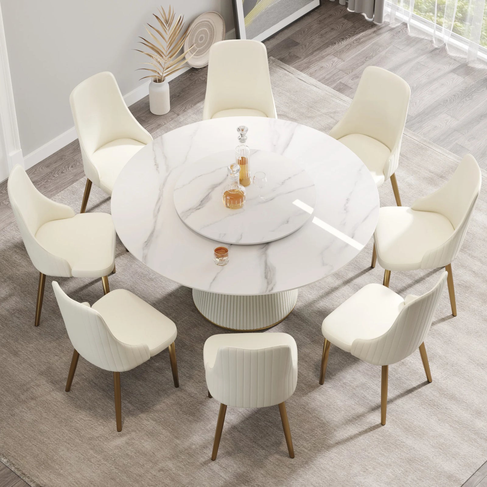 Marbella Sintered Stone Dining Table | 59" White Gloss Round With Lazy Susan Turntable