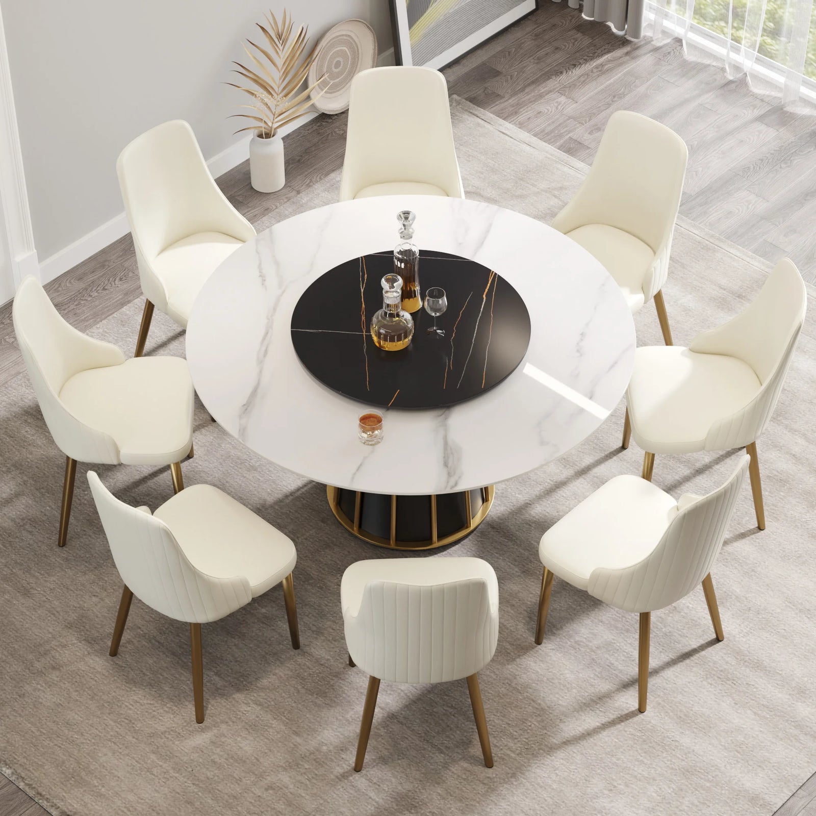 Mesa de comedor Marbella de piedra sinterizada | Redonda de 150 cm (59") en blanco brillante con plato giratorio Lazy Susan