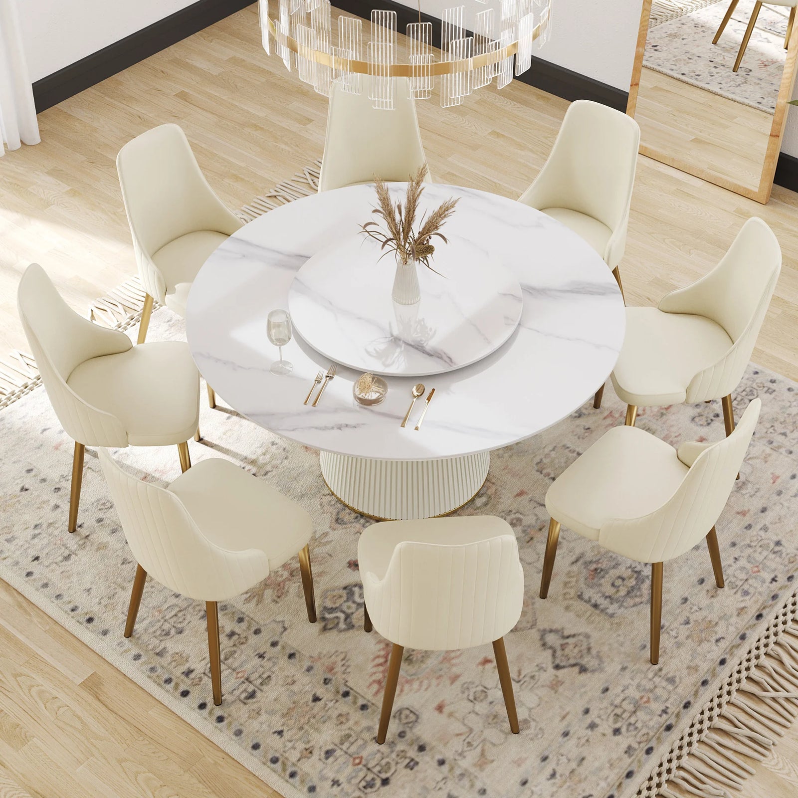 Marbella Sintered Stone Dining Table | 59" White Gloss Round With Lazy Susan Turntable