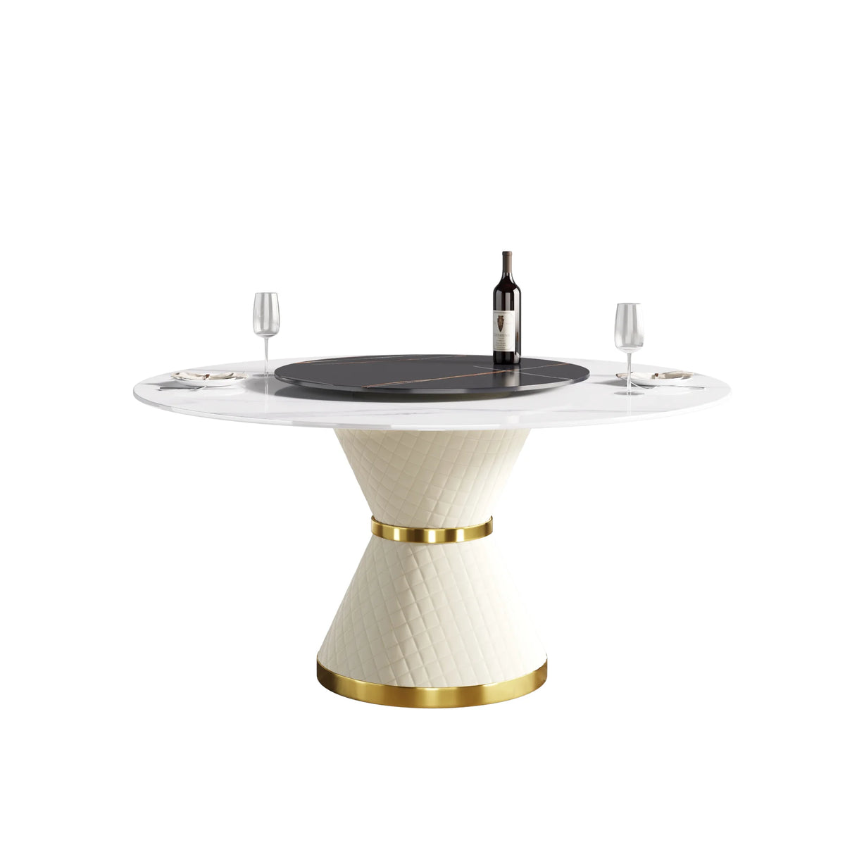 Mesa de comedor Marbella de piedra sinterizada | Redonda de 150 cm (59") en blanco brillante con plato giratorio Lazy Susan