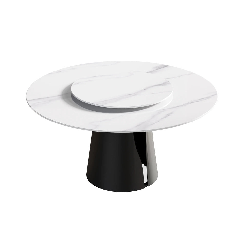 Marbella Sintered Stone Dining Table | 59" White Gloss Round With Lazy Susan Turntable