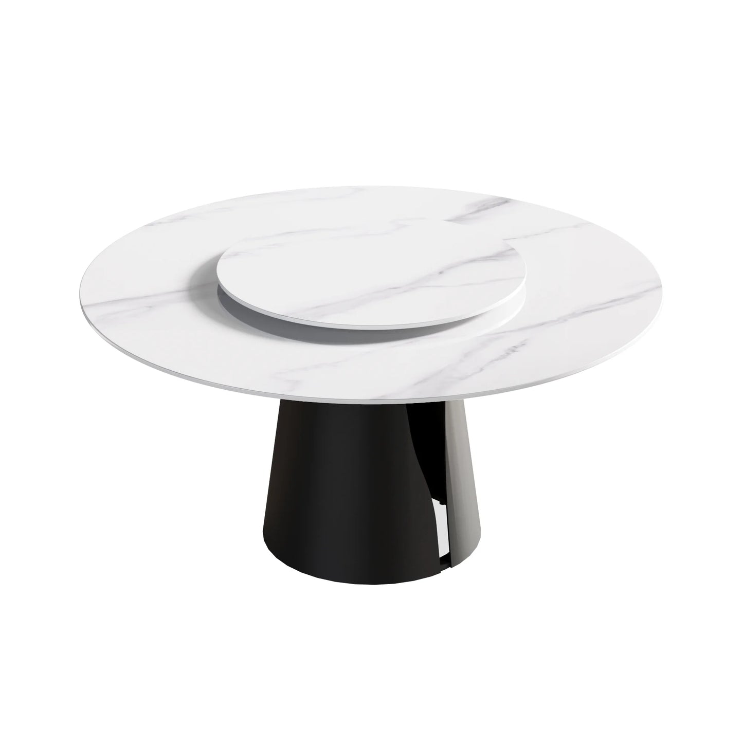 Marbella Sintered Stone Dining Table | 59" White Gloss Round With Lazy Susan Turntable