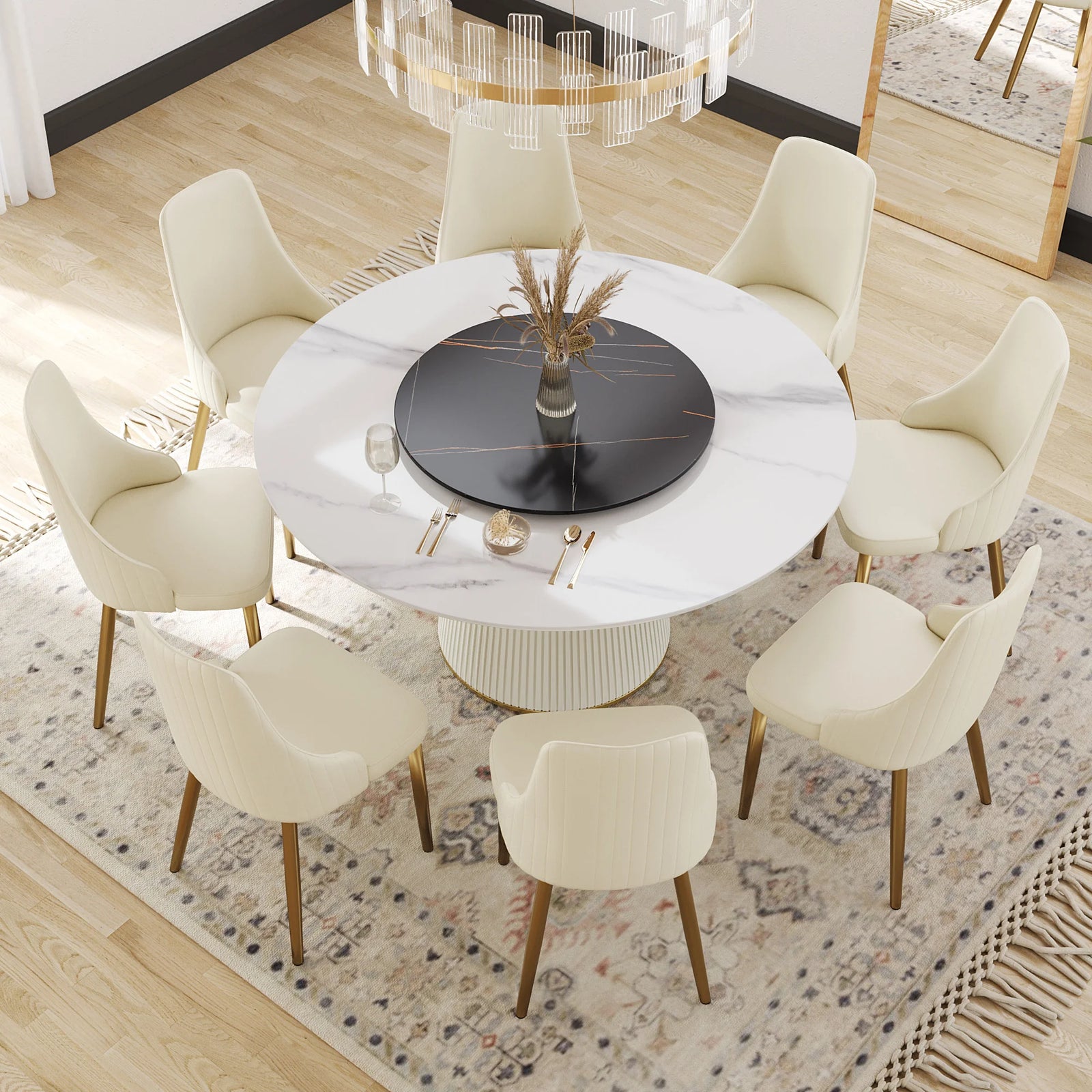 Marbella Sintered Stone Dining Table | 59" White Gloss Round With Lazy Susan Turntable
