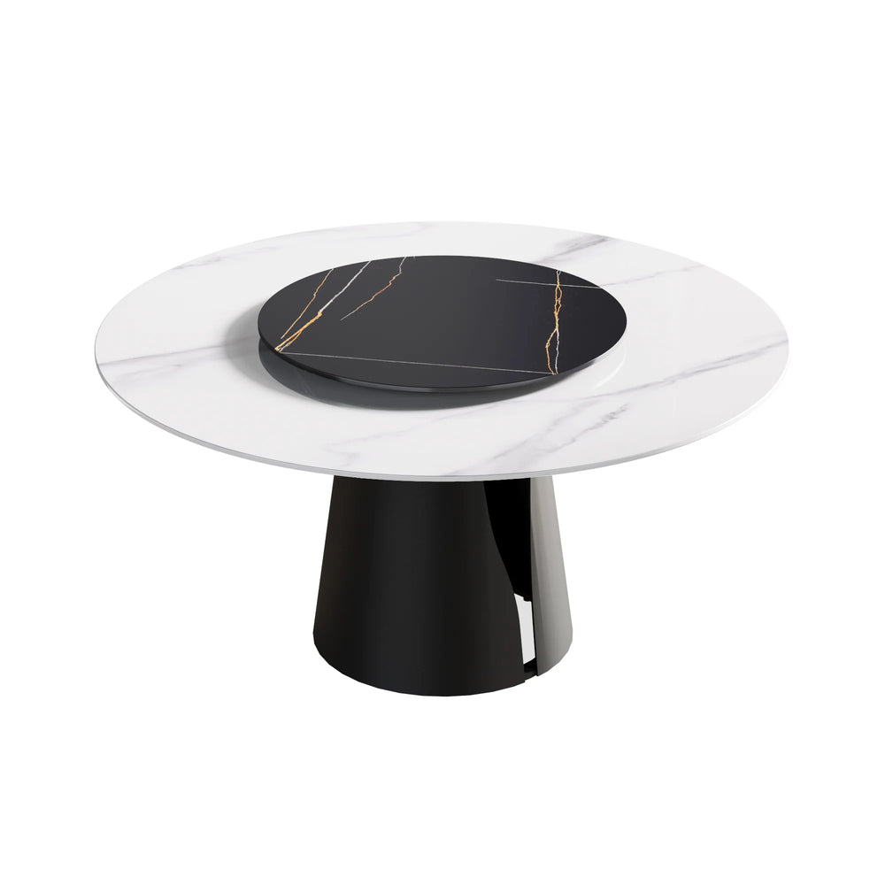Marbella Sintered Stone Dining Table | 59" White Gloss Round With Lazy Susan Turntable