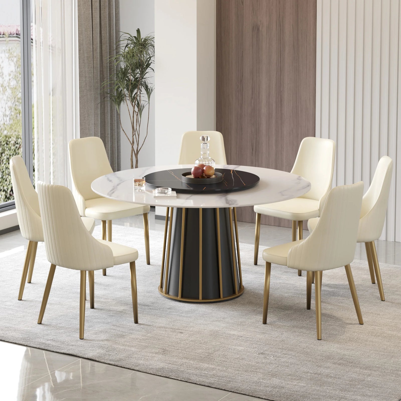 Mesa de comedor Marbella de piedra sinterizada | Redonda de 150 cm (59") en blanco brillante con plato giratorio Lazy Susan