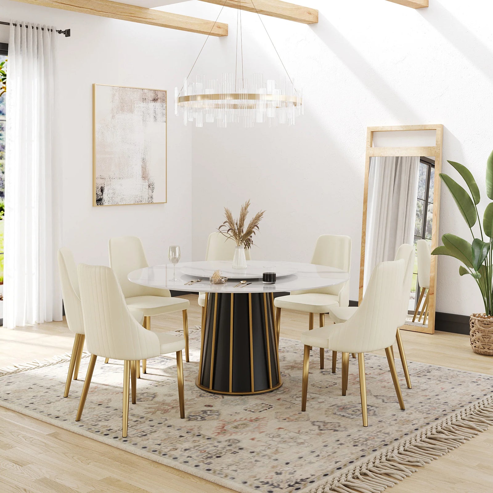 Marbella Sintered Stone Dining Table | 59" White Gloss Round With Lazy Susan Turntable