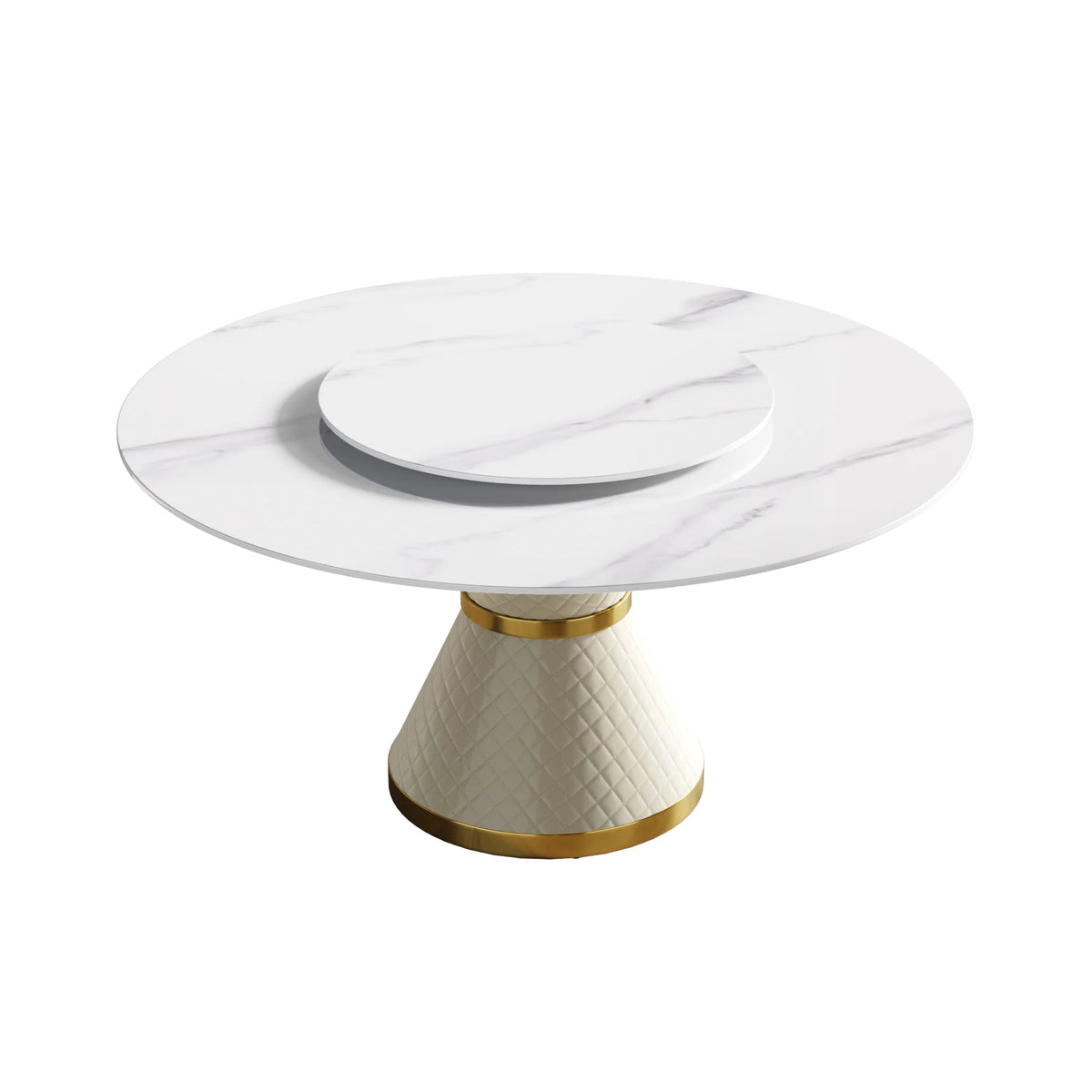 Marbella Sintered Stone Dining Table | 59" White Gloss Round With Lazy Susan Turntable