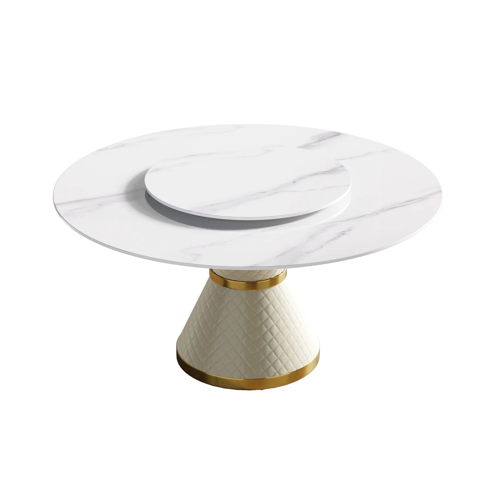 Mesa de comedor Marbella de piedra sinterizada | Redonda de 150 cm (59") en blanco brillante con plato giratorio Lazy Susan