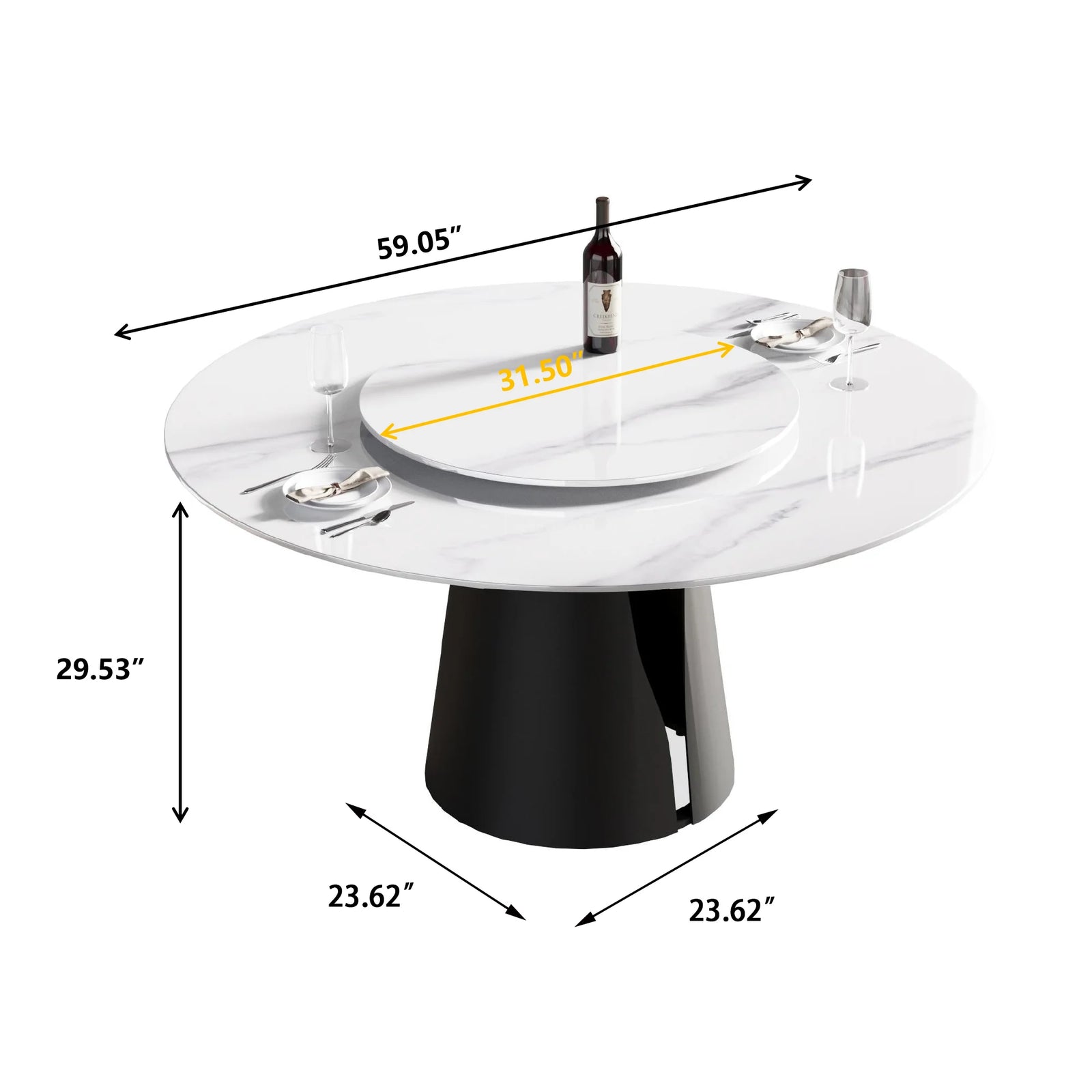 Marbella Sintered Stone Dining Table | 59" White Gloss Round With Lazy Susan Turntable