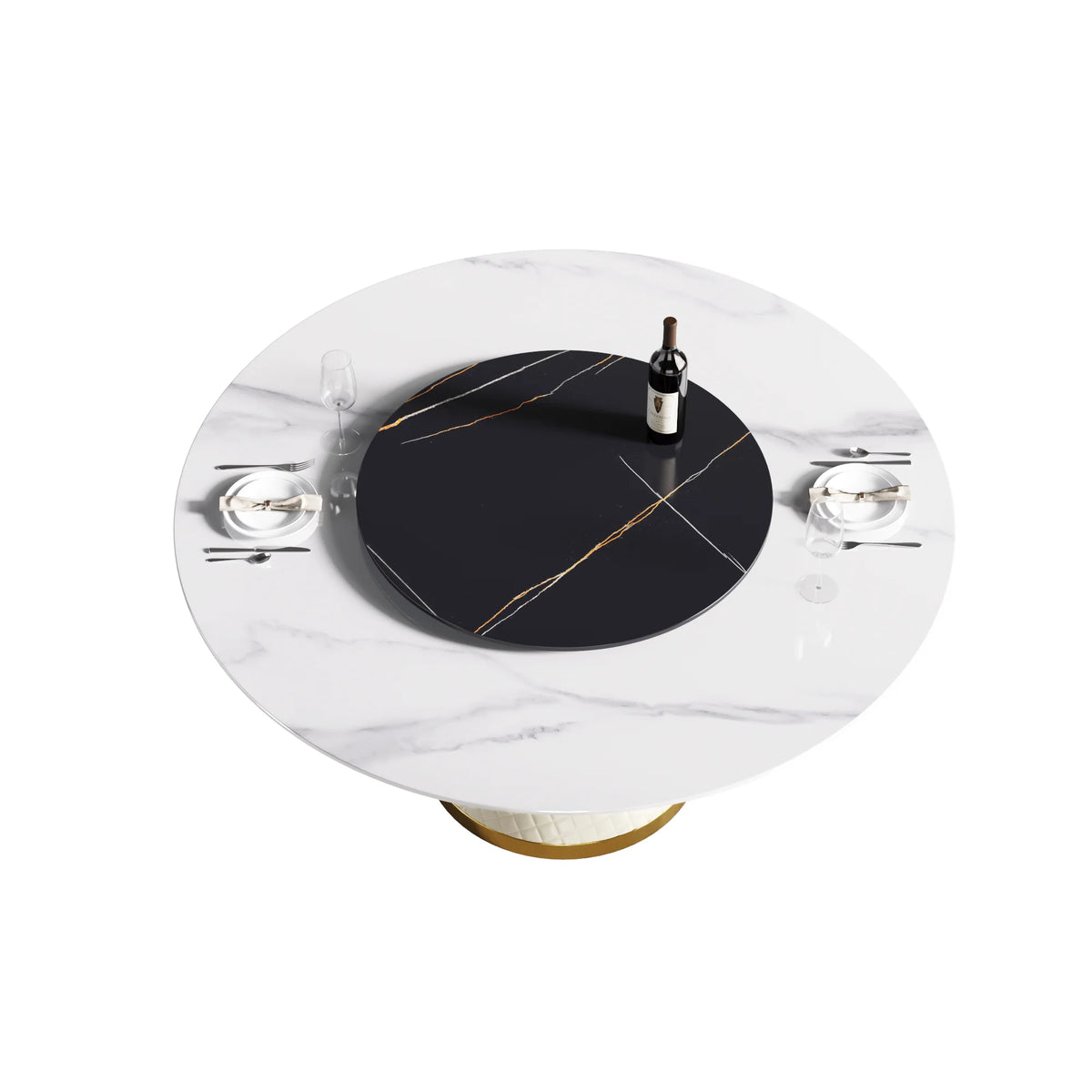 Mesa de comedor Marbella de piedra sinterizada | Redonda de 150 cm (59") en blanco brillante con plato giratorio Lazy Susan