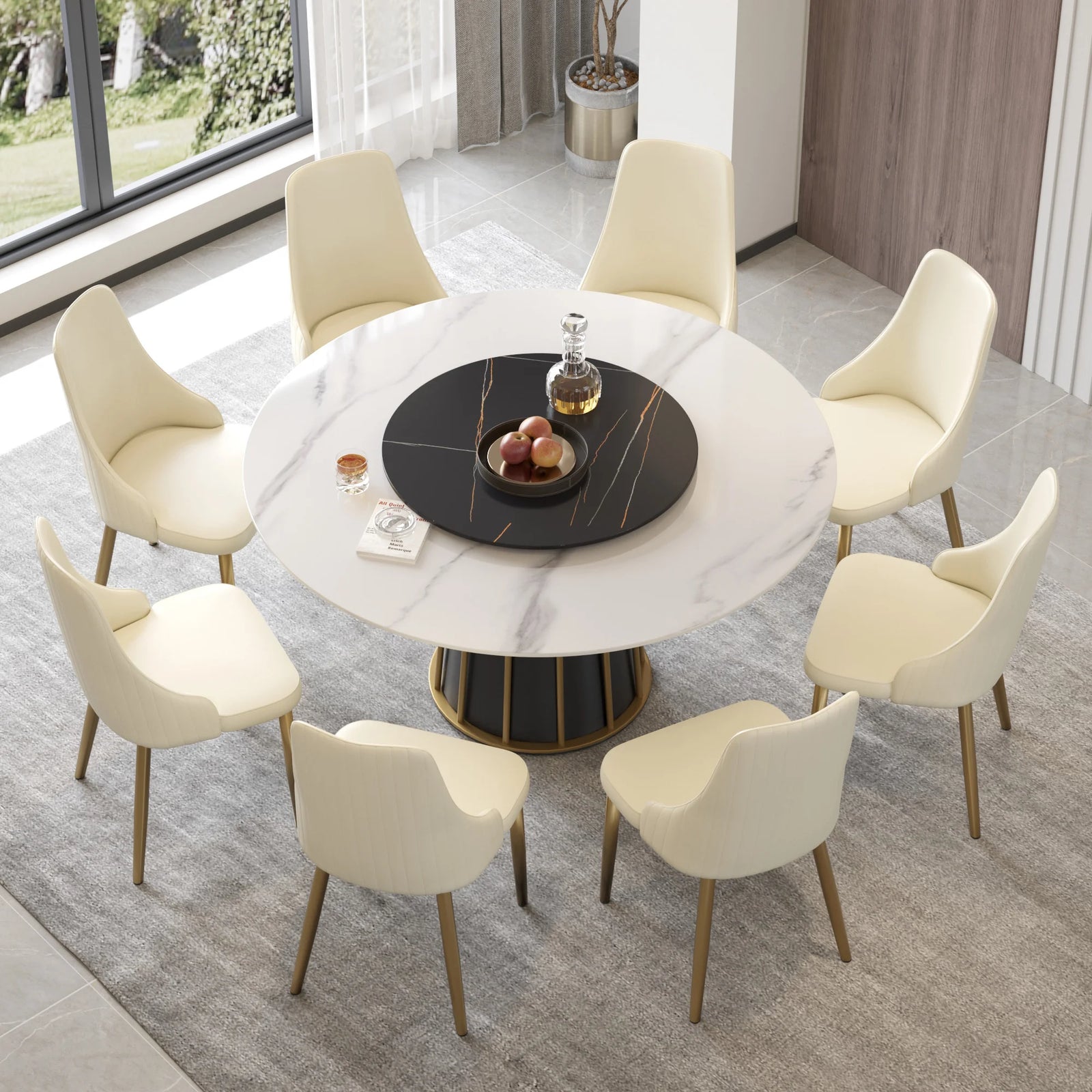 Mesa de comedor Marbella de piedra sinterizada | Redonda de 150 cm (59") en blanco brillante con plato giratorio Lazy Susan