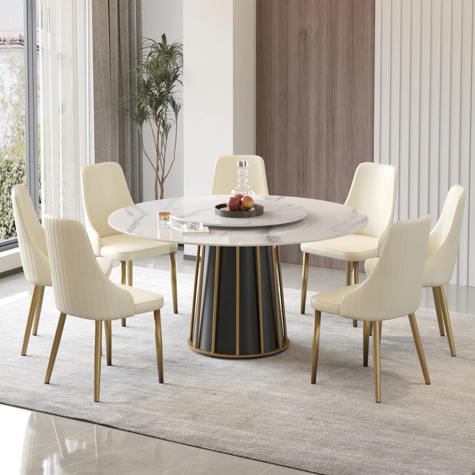 Marbella Sintered Stone Dining Table | 59" White Gloss Round With Lazy Susan Turntable