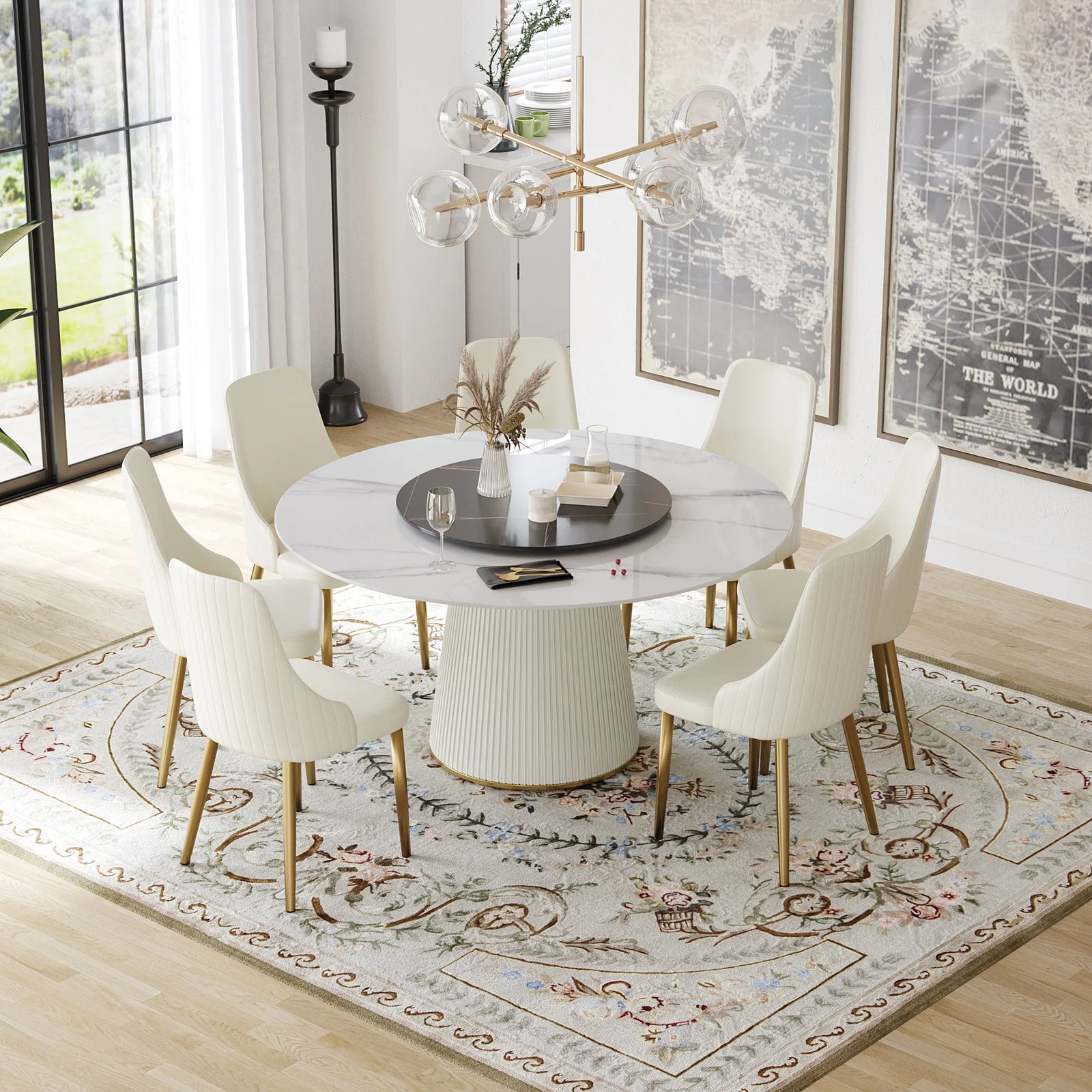 Marbella Sintered Stone Dining Table | 59" White Gloss Round With Lazy Susan Turntable