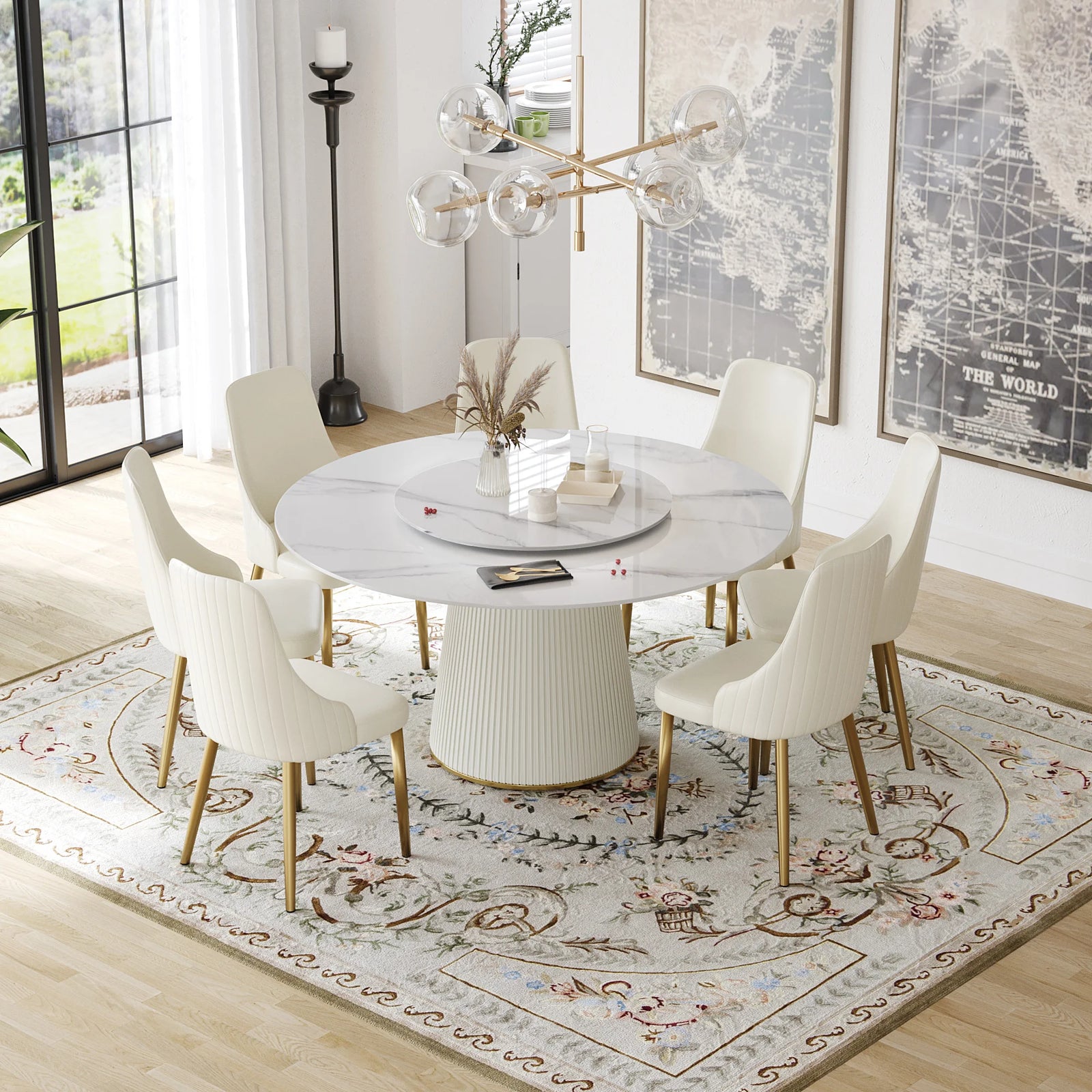 Marbella Sintered Stone Dining Table | 59" White Gloss Round With Lazy Susan Turntable