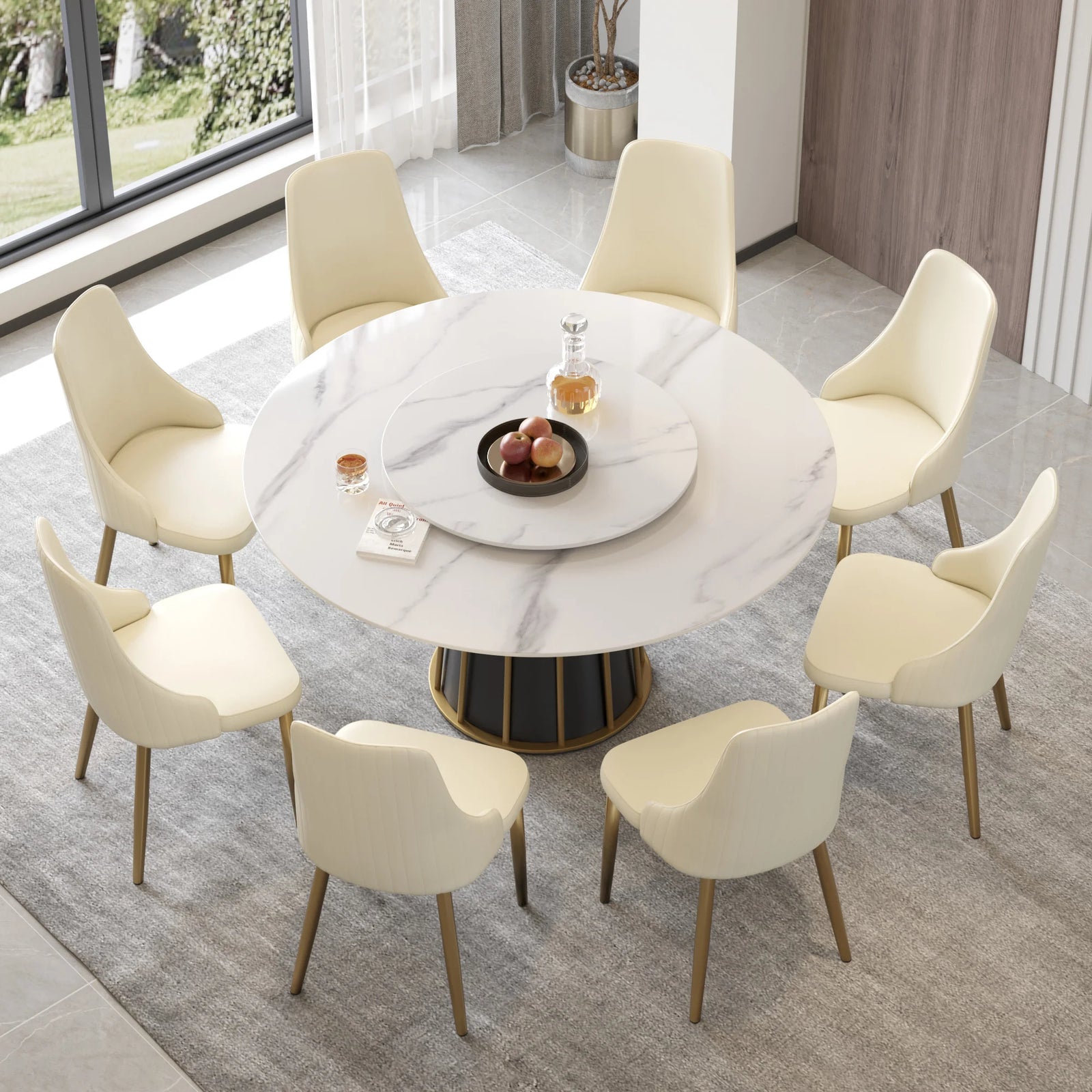 Marbella Sintered Stone Dining Table | 59" White Gloss Round With Lazy Susan Turntable