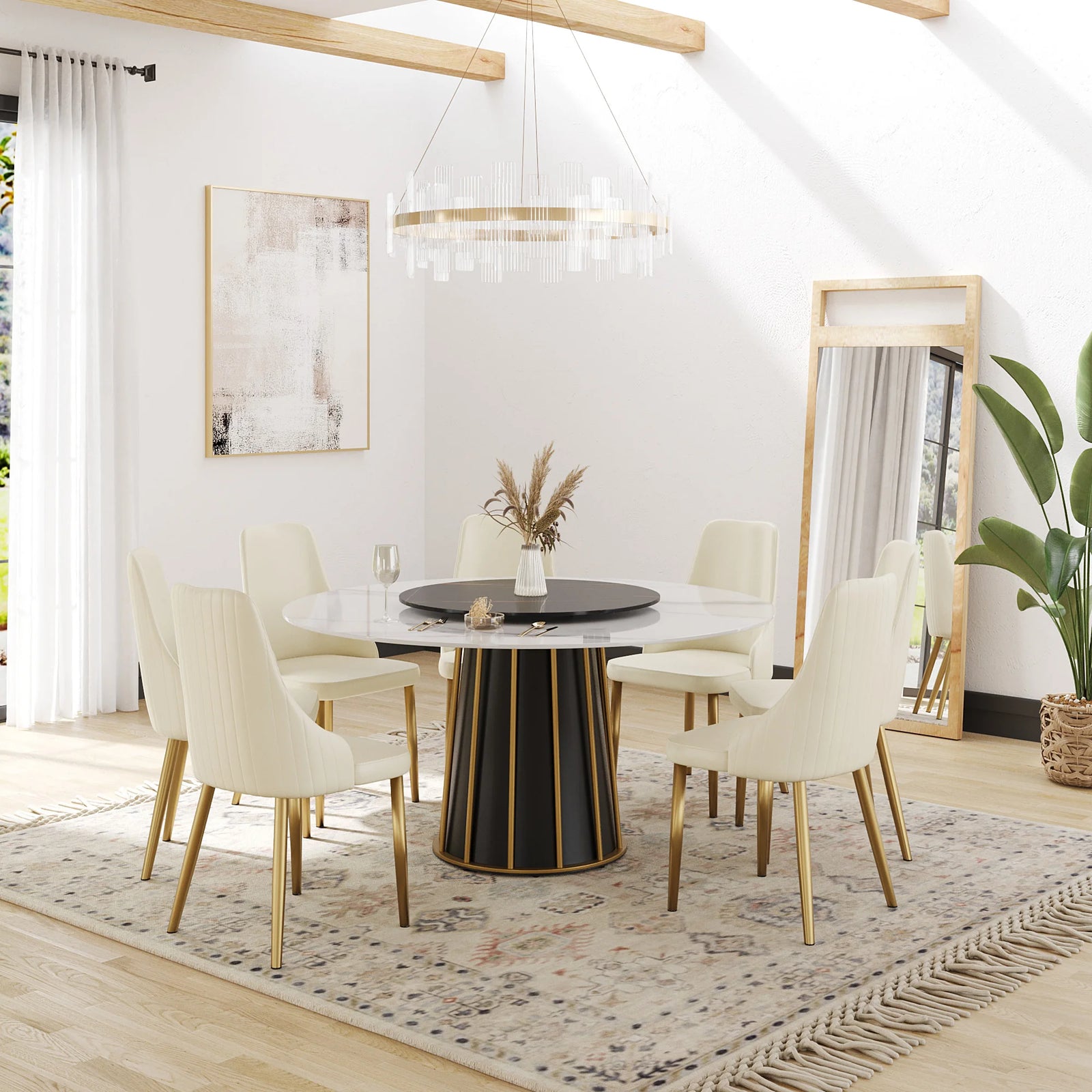 Mesa de comedor Marbella de piedra sinterizada | Redonda de 150 cm (59") en blanco brillante con plato giratorio Lazy Susan