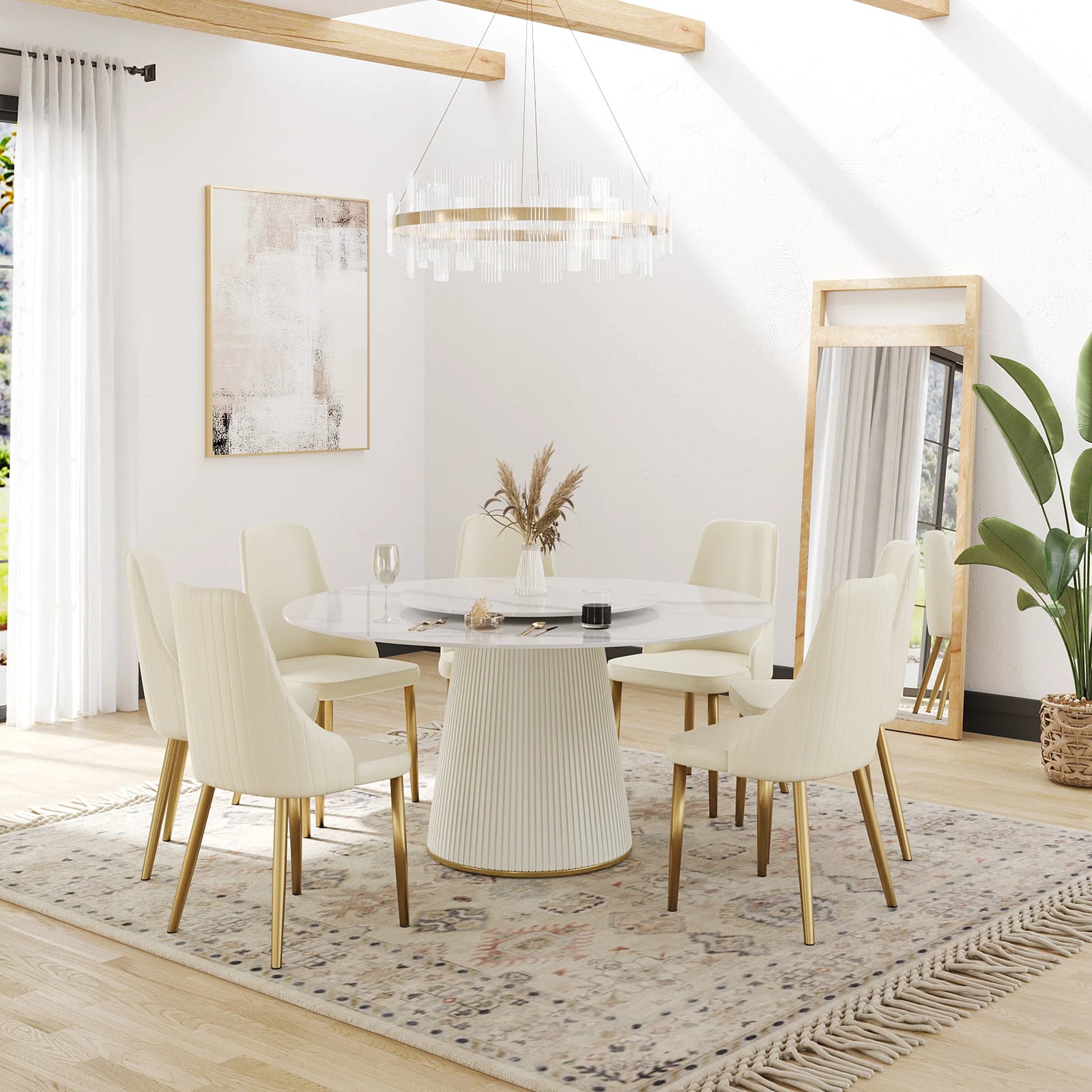 Marbella Sintered Stone Dining Table | 59" White Gloss Round With Lazy Susan Turntable