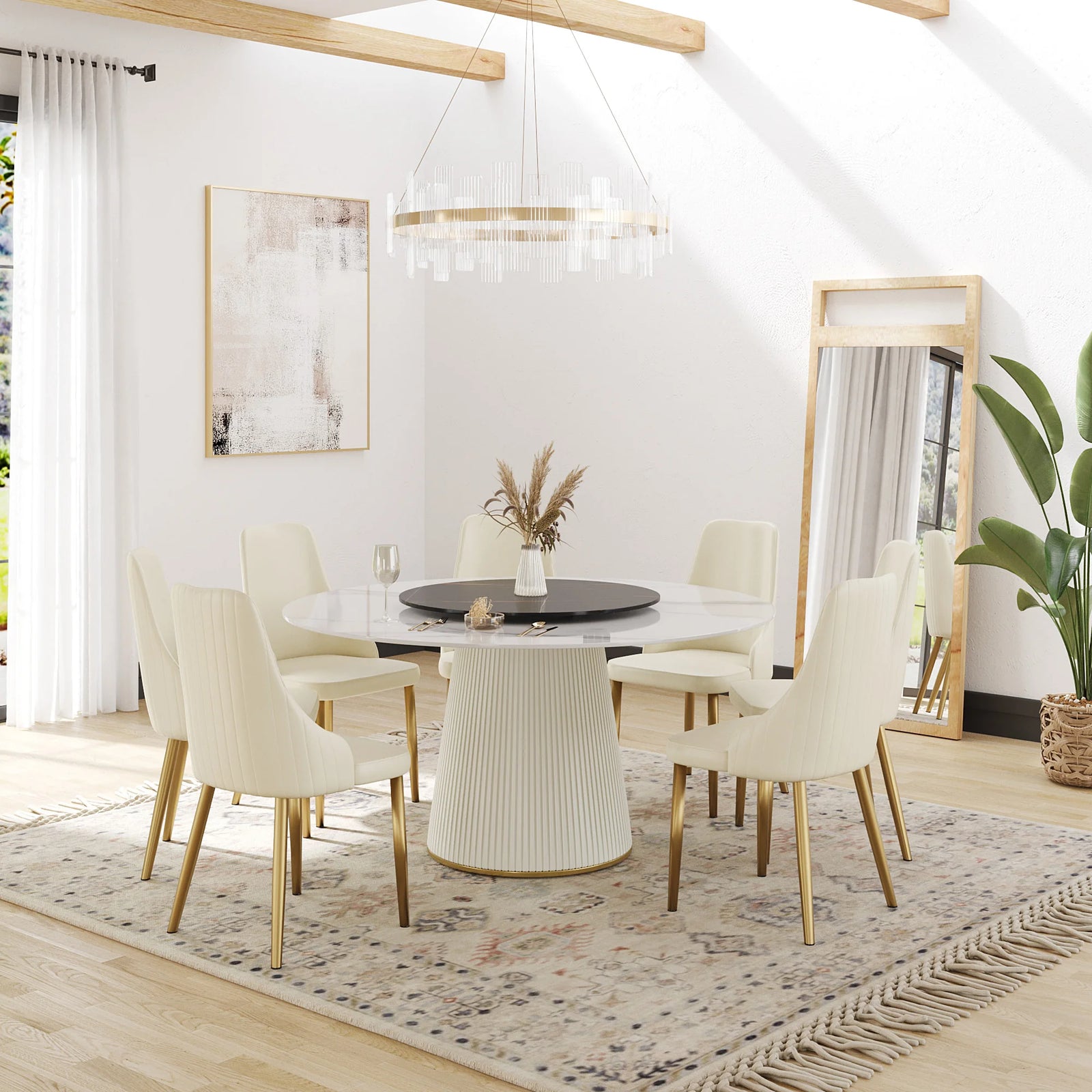 Marbella Sintered Stone Dining Table | 59" White Gloss Round With Lazy Susan Turntable