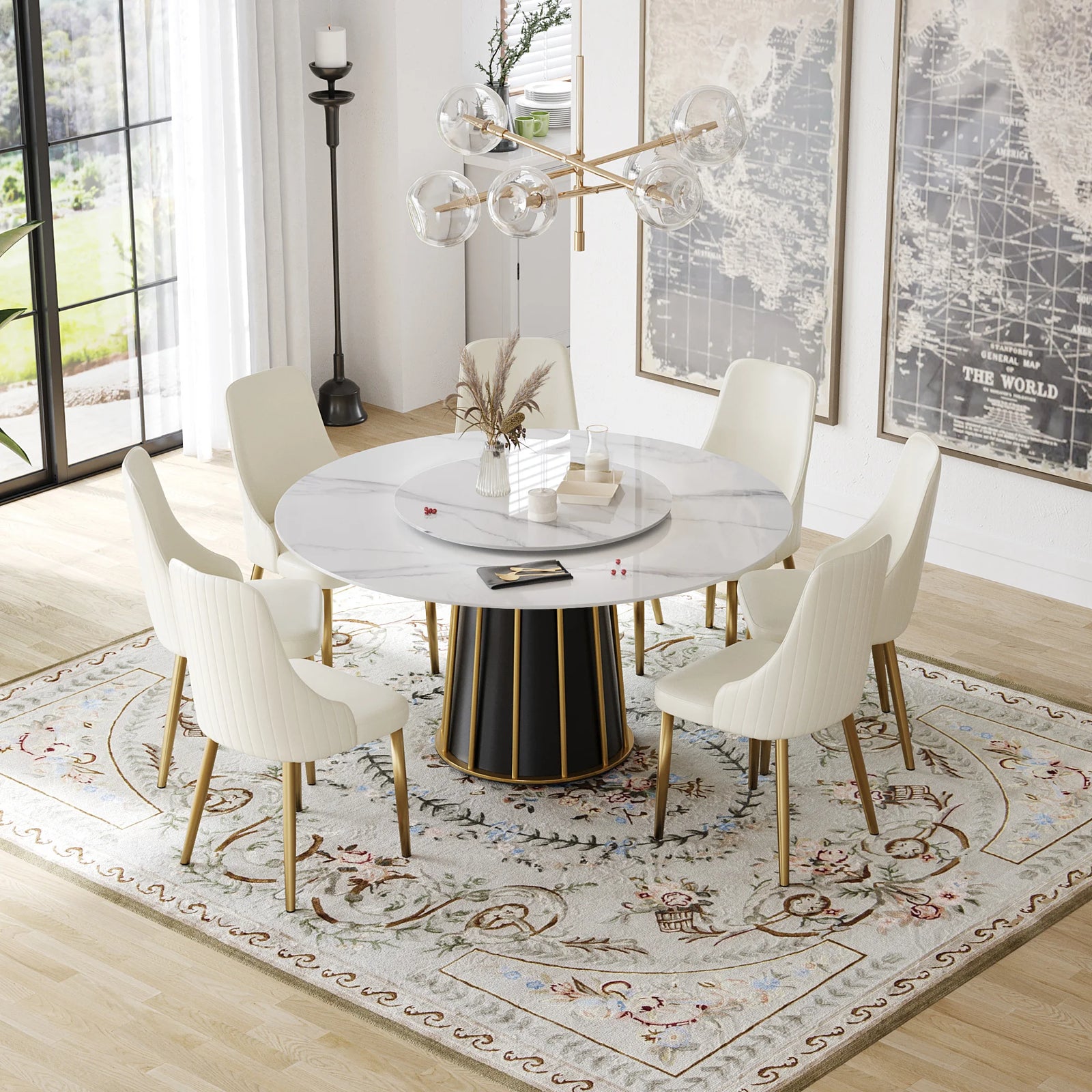 Marbella Sintered Stone Dining Table | 59" White Gloss Round With Lazy Susan Turntable