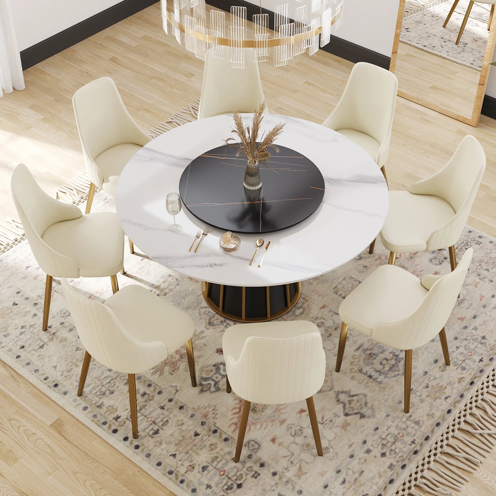 Mesa de comedor Marbella de piedra sinterizada | Redonda de 150 cm (59") en blanco brillante con plato giratorio Lazy Susan
