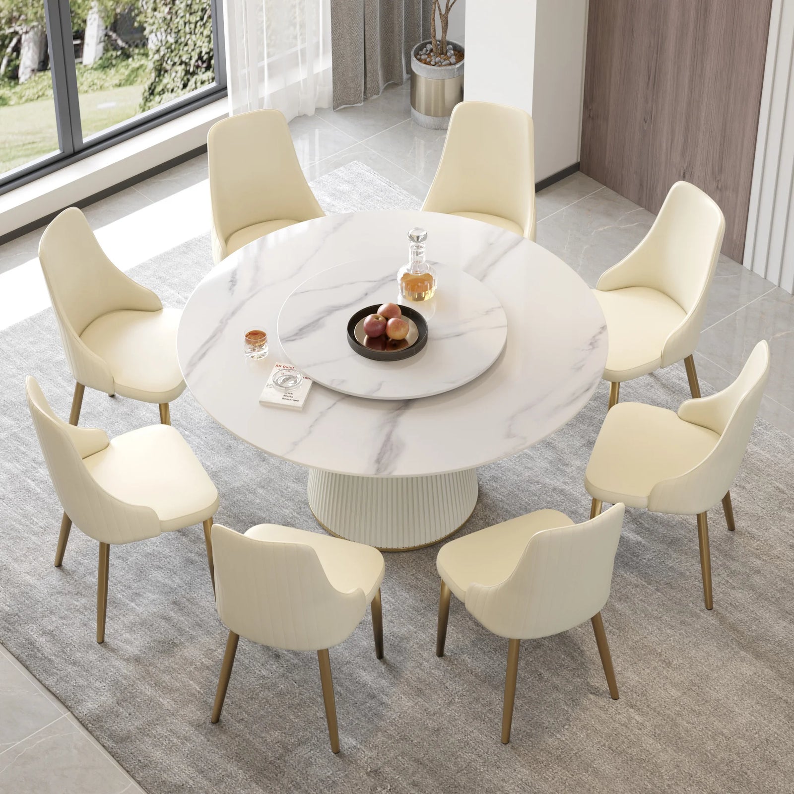 Marbella Sintered Stone Dining Table | 59" White Gloss Round With Lazy Susan Turntable