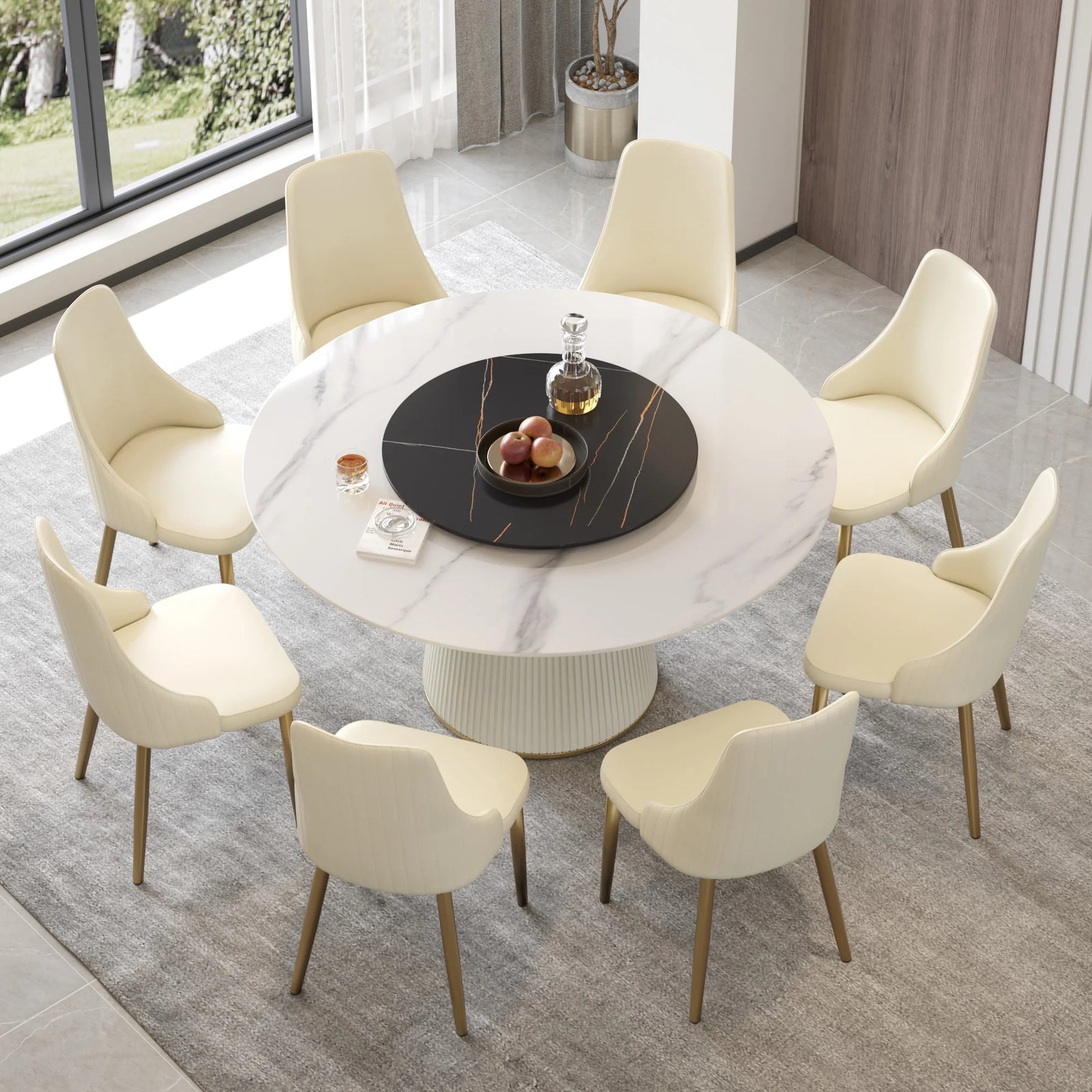 Marbella Sintered Stone Dining Table | 59" White Gloss Round With Lazy Susan Turntable