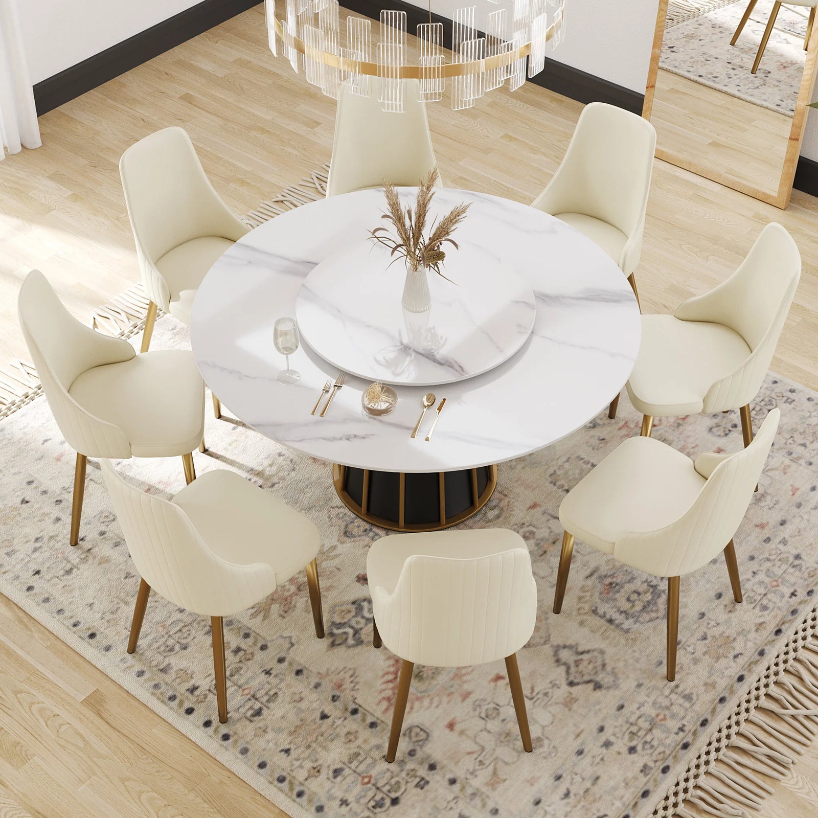 Marbella Sintered Stone Dining Table | 59" White Gloss Round With Lazy Susan Turntable