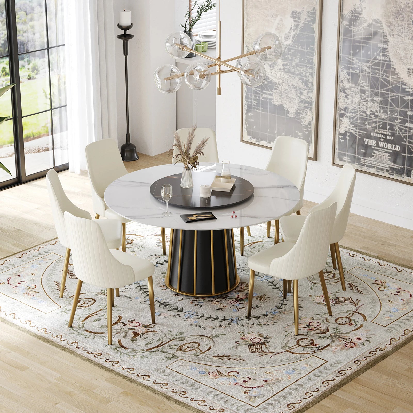 Mesa de comedor Marbella de piedra sinterizada | Redonda de 150 cm (59") en blanco brillante con plato giratorio Lazy Susan