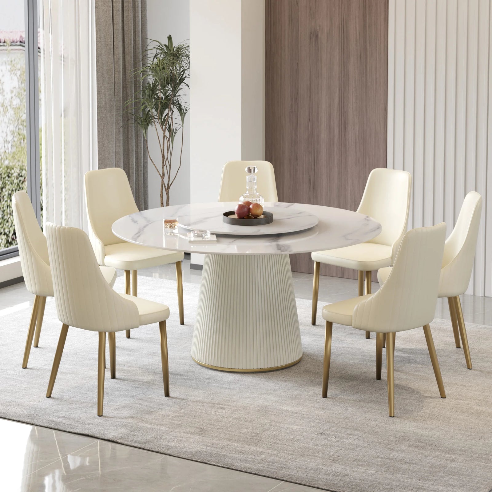 Marbella Sintered Stone Dining Table | 59" White Gloss Round With Lazy Susan Turntable