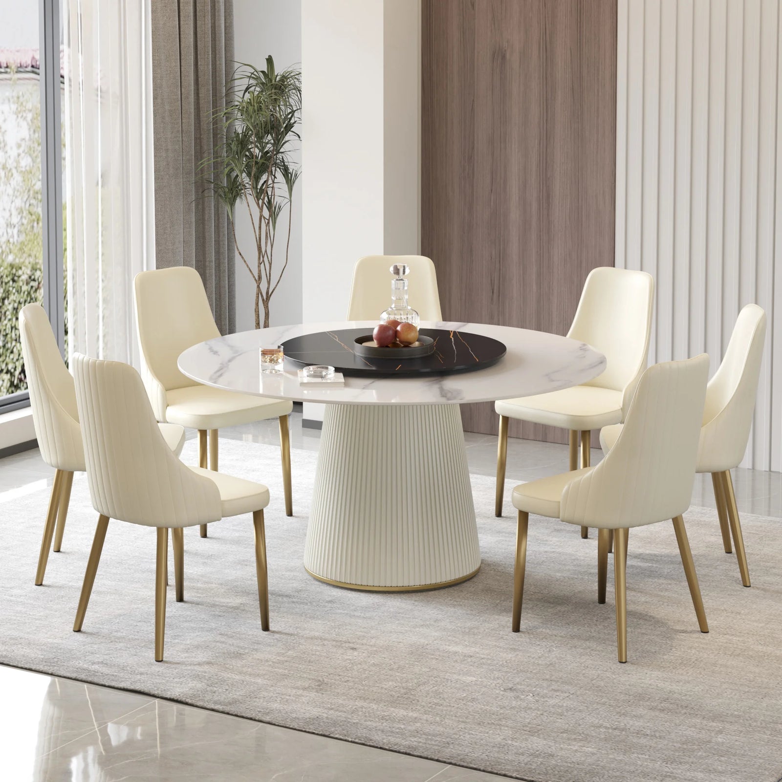 Marbella Sintered Stone Dining Table | 59" White Gloss Round With Lazy Susan Turntable
