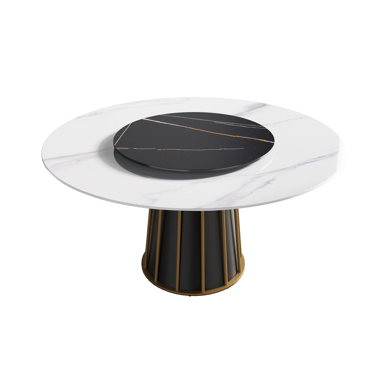 Mesa de comedor Marbella de piedra sinterizada | Redonda de 150 cm (59") en blanco brillante con plato giratorio Lazy Susan