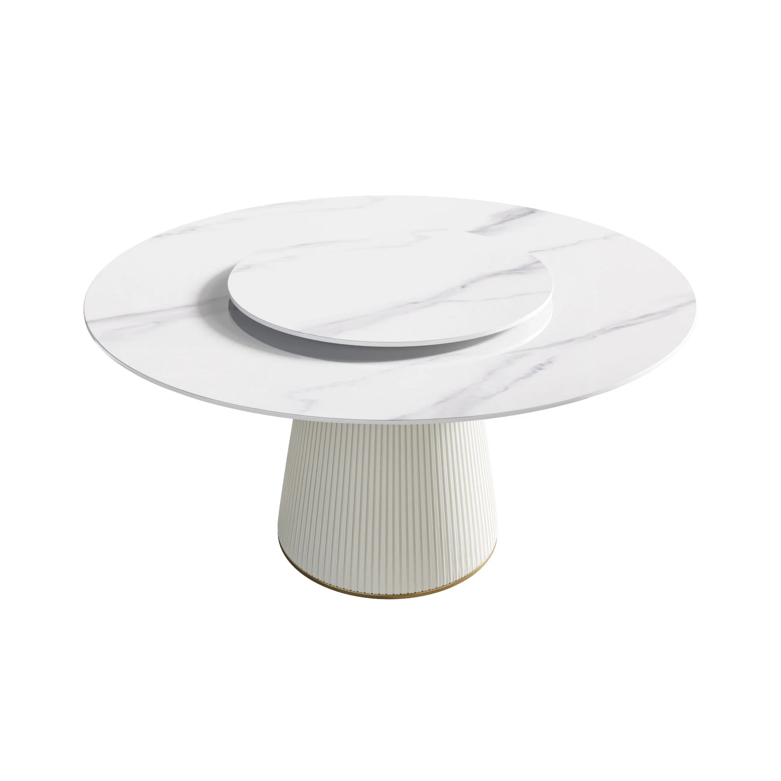 Marbella Sintered Stone Dining Table | 59" White Gloss Round With Lazy Susan Turntable