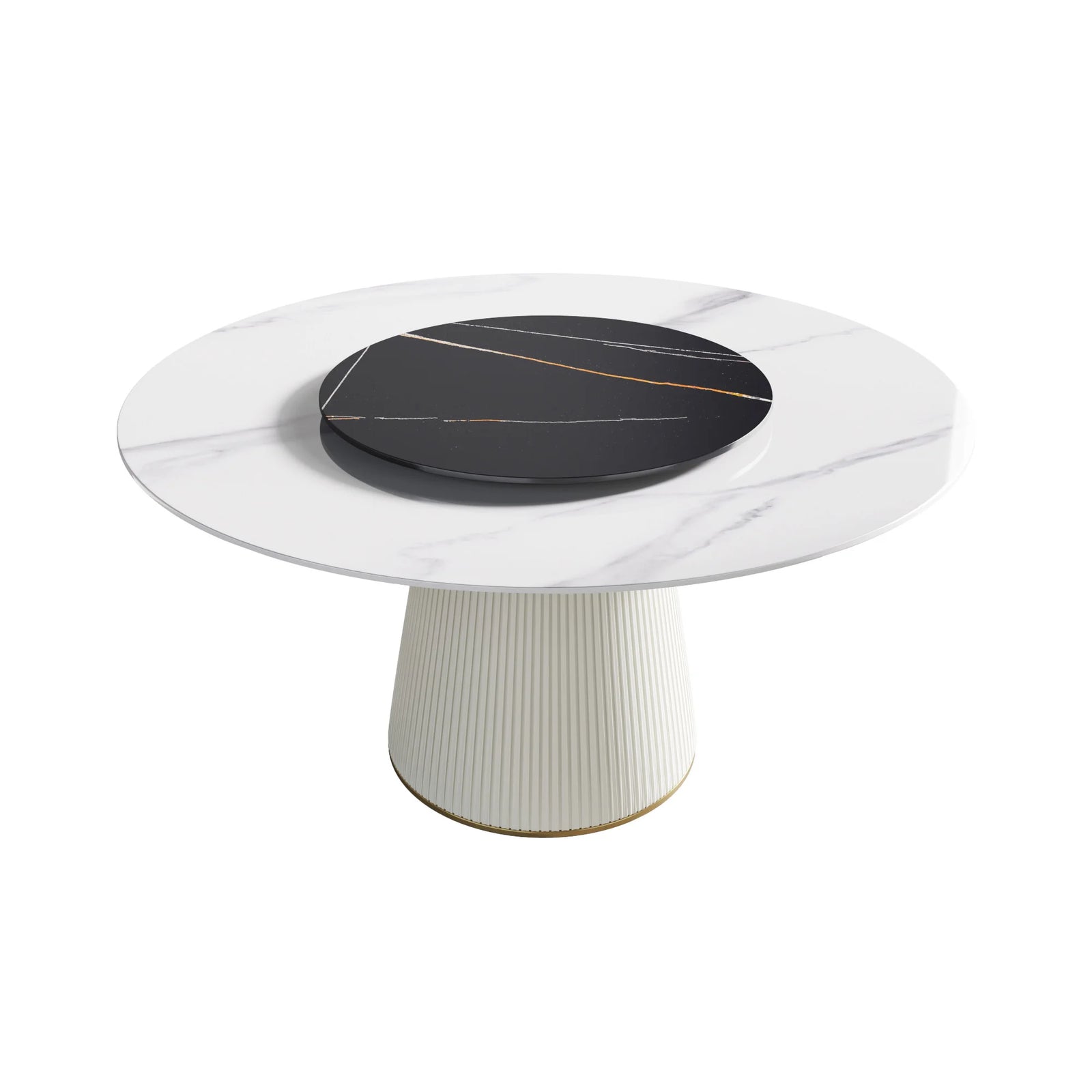 Marbella Sintered Stone Dining Table | 59" White Gloss Round With Lazy Susan Turntable